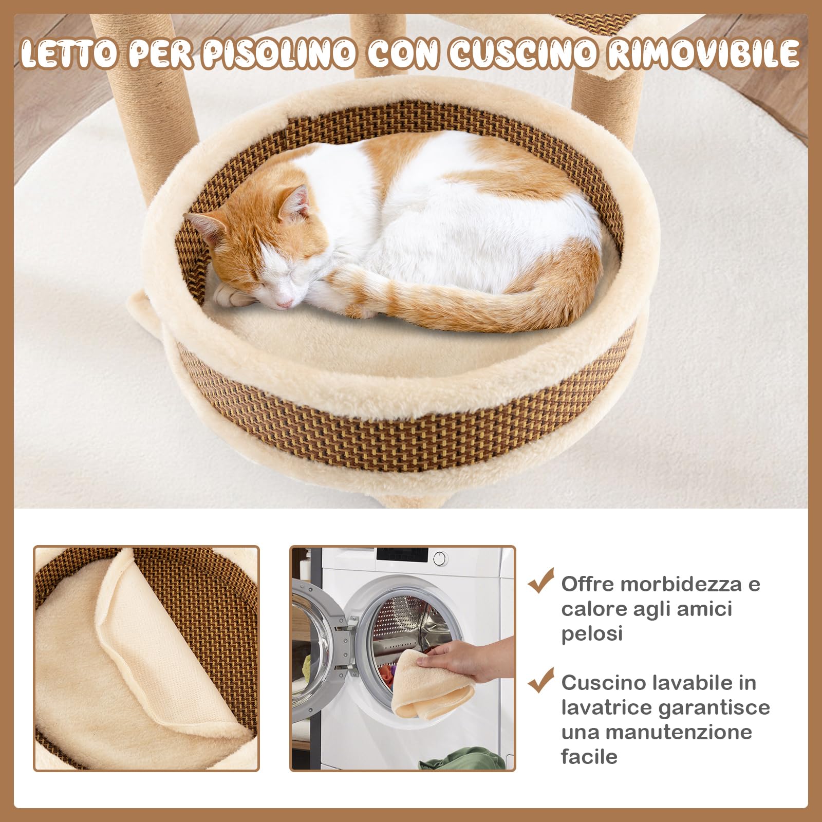 COSTWAY Torre per Gatti Interno, Albero per Gatti a 4 Livelli con Tappetino in Rattan, Palla, Tiragraffi, Piattaforma, Letto e Tappetino Peluche Rimovibile, Centro Attività per Gatto Piccolo e Medio