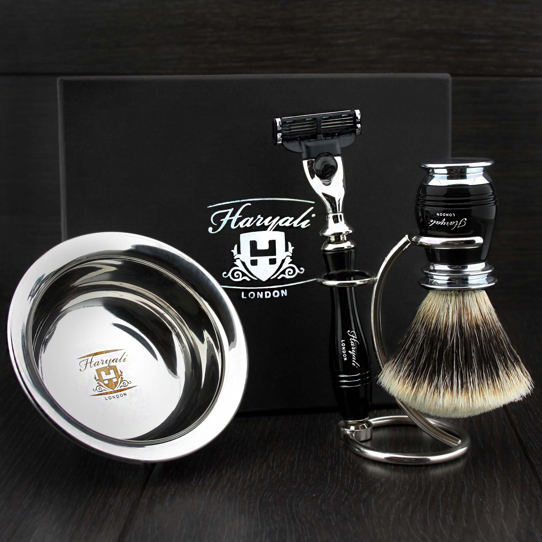 Haryali London 4 Pc Mens Shaving Kit 3 Edge Razor With Silver Tip Badger Hair Shaving Brush, Stand and Stainless Steel Bowl Perfect Set For Men
