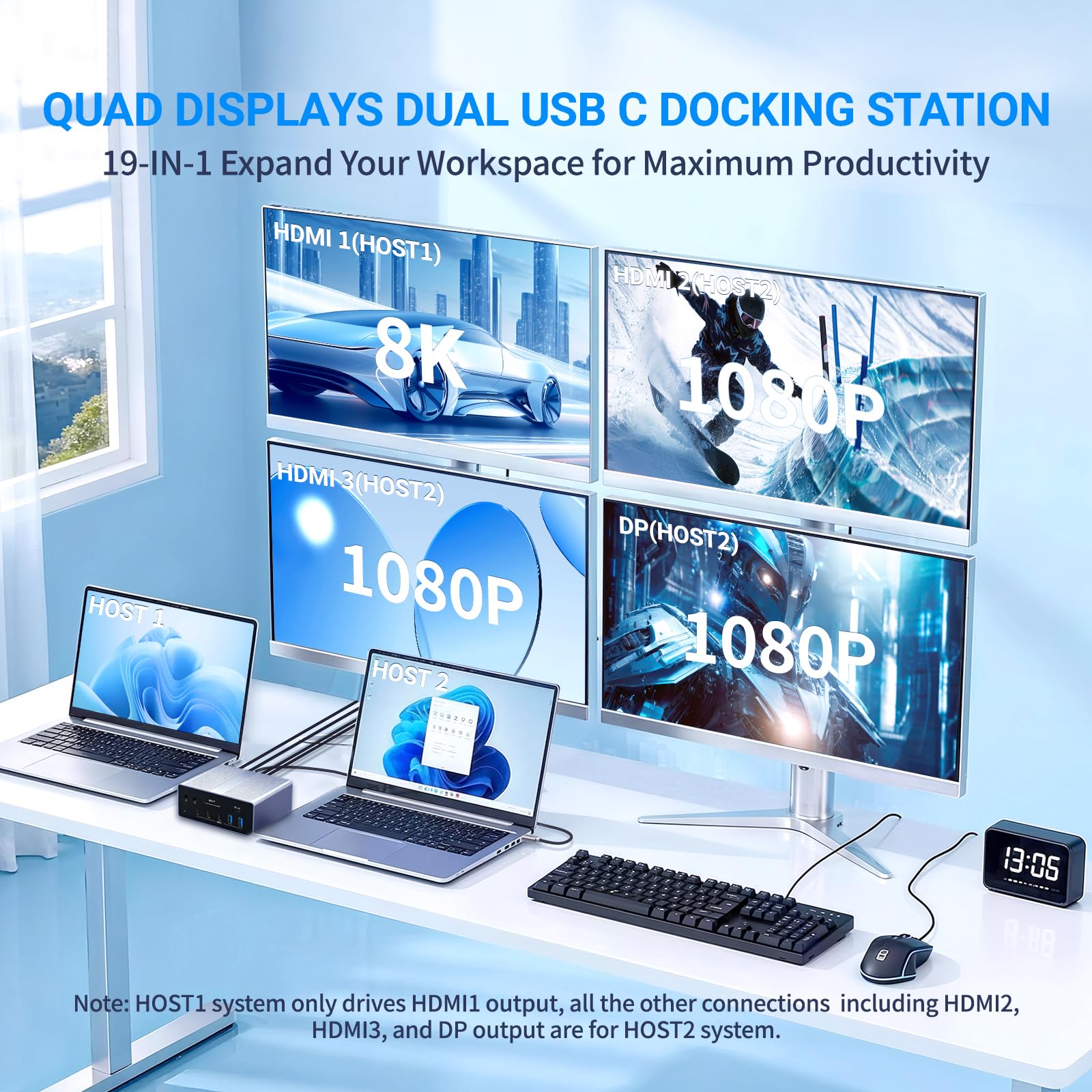 Station d'accueil USB C 19 en 1, Dock USB C Double Hôte avec 4 Écrans, Triple HDMI + DP, 8K@30Hz & Double 4K@60Hz, Hub USB Multiports avec PD 100W, RJ45 Gigabit, SD/TF, Audio pour Windows MacBook