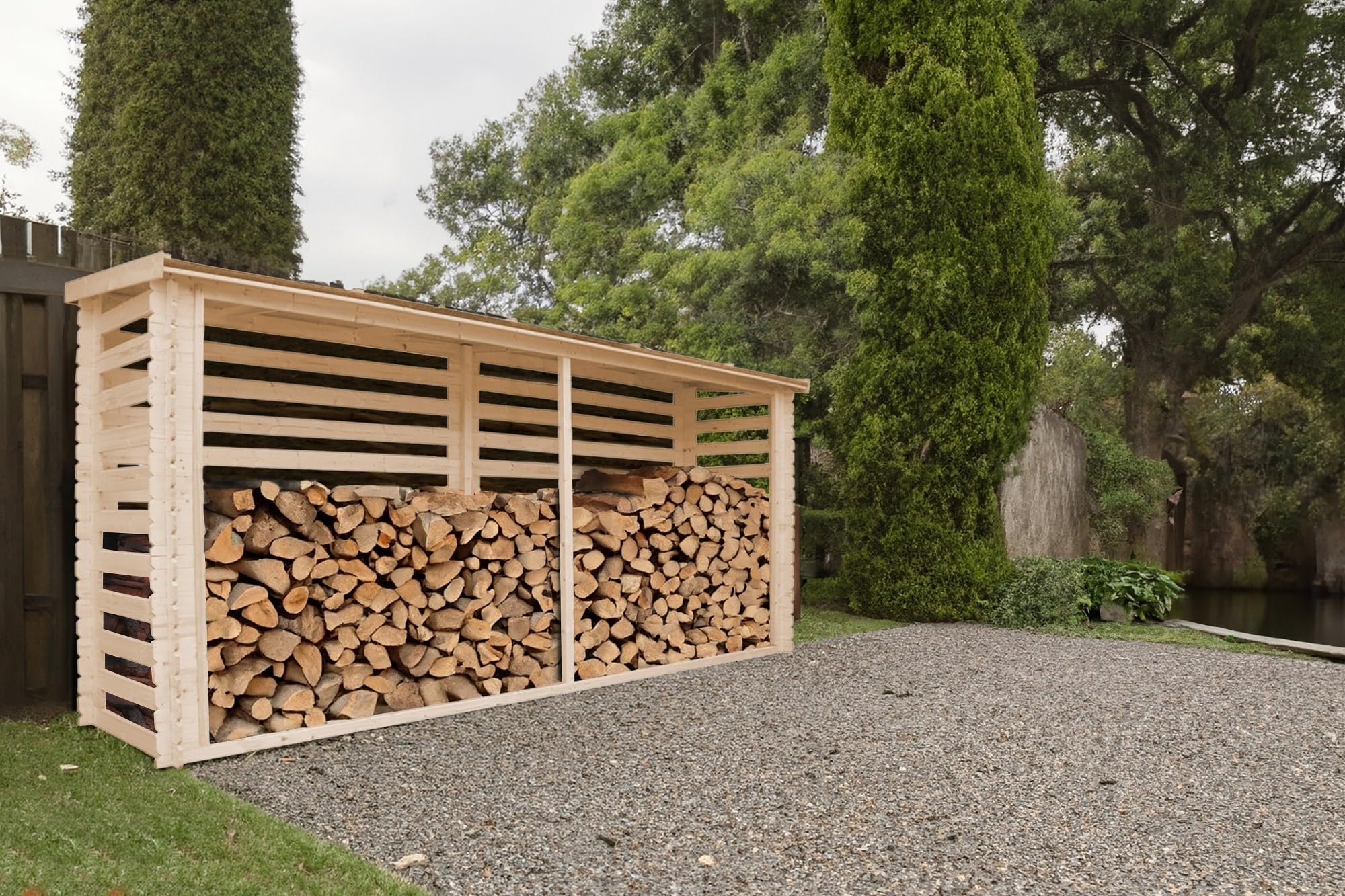TIMBELA Legnaia da Esterno in Legno - Portalegna da Esterno - Casetta da Giardino in Legno - Porta Legna per Esterno 112x450xA199 cm/10 m3 M203