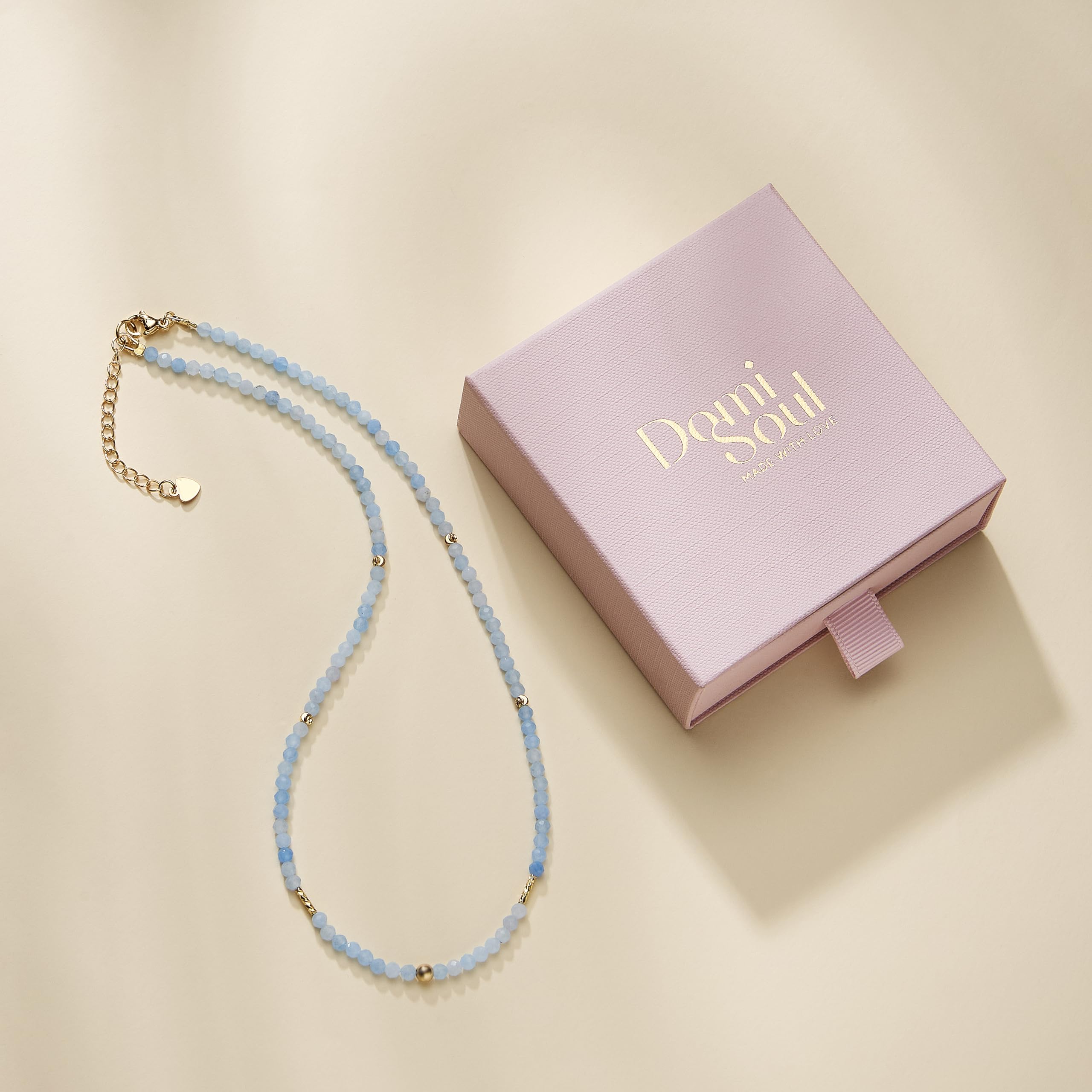 Akwamarin Halskette 3 mm 14K vergoldet echte Steine handgefertigt Damen Edelstein Kette