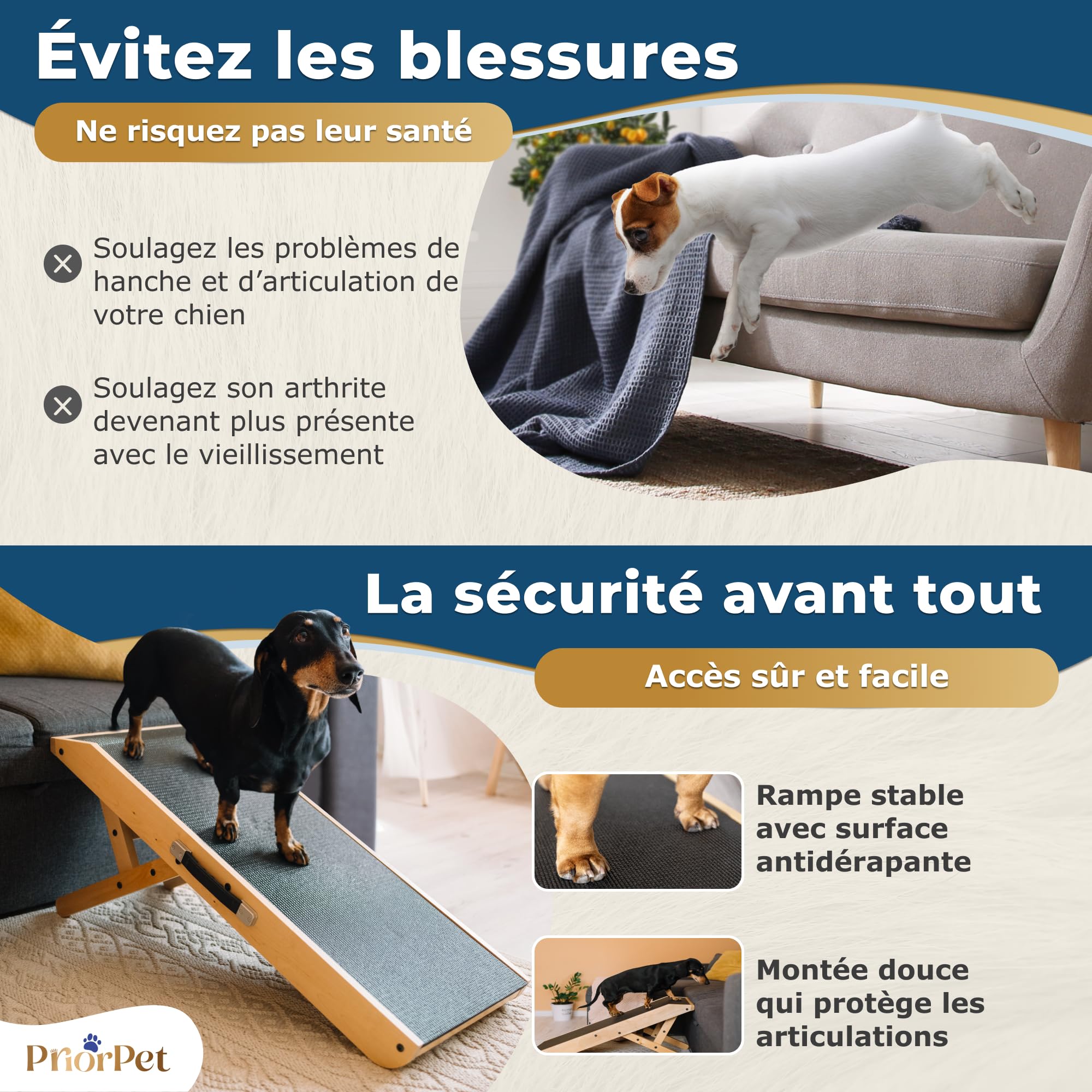 Rampe pour Chien de Petite ou Grande Taille - Surface antidérapante - Rampe Pliable et Réglable de 18 à 53 cm - pour lit et Canapé - La Plateforme se connecte Parfaitement - Bois de Bouleau - Naturel