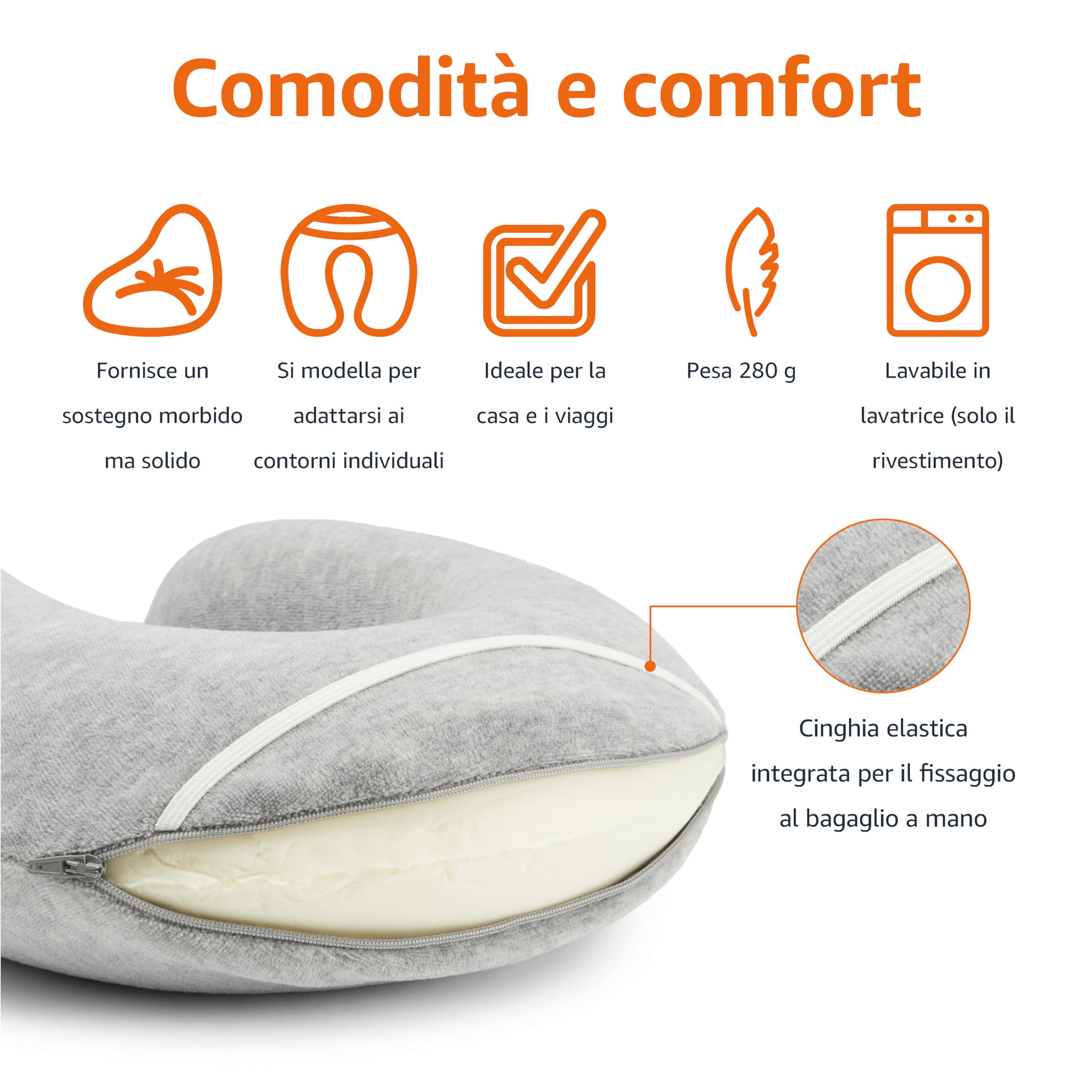Amazon Basics - Cuscino per il collo, in memory foam, 1 unità, Semicircolare, Grigio