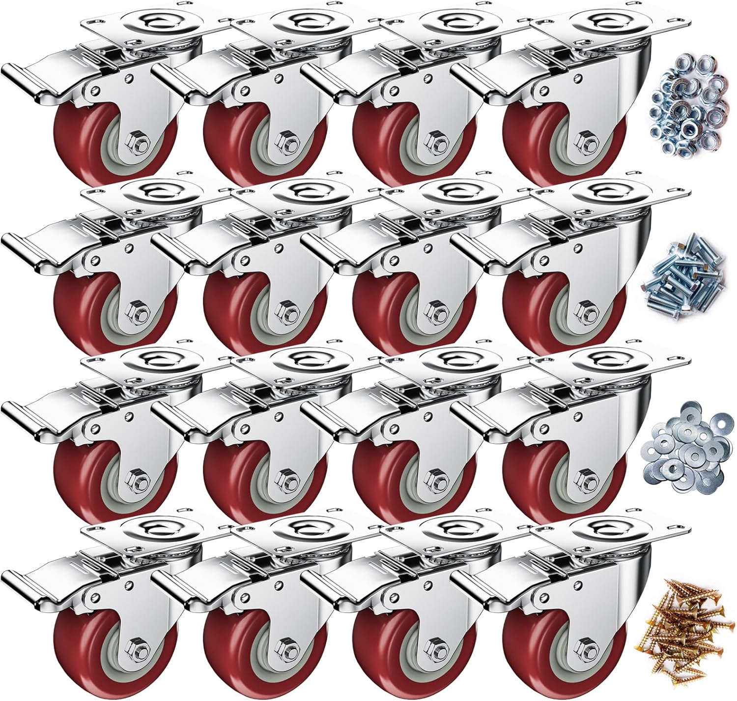 3 Inch Caster Wheels, Casters Set of 16, ASHGOOB Red Polyurethane (PU) Casters with Brake Heavy Duty, Industrial Locking Swivel Top Plate Castor Wheels for Workbench/Furniture/Cart 16 3" (16pack red)