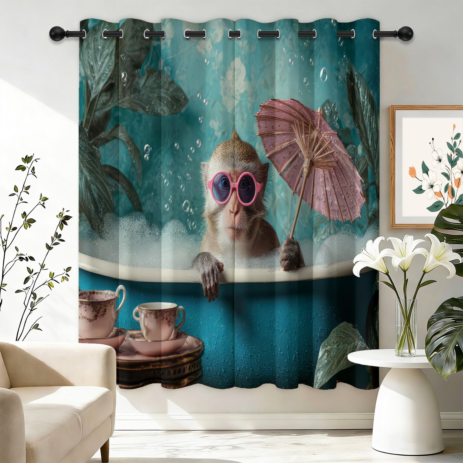 Generisch Gardinen Vorhänge Blickdicht Grün - Hochwertiger Badewanne mit Cartoon-Affen Print H200 x B70 cm (2er Pack) Schalvorhänge mit Stangentasche für gehobenes Wohnambiente