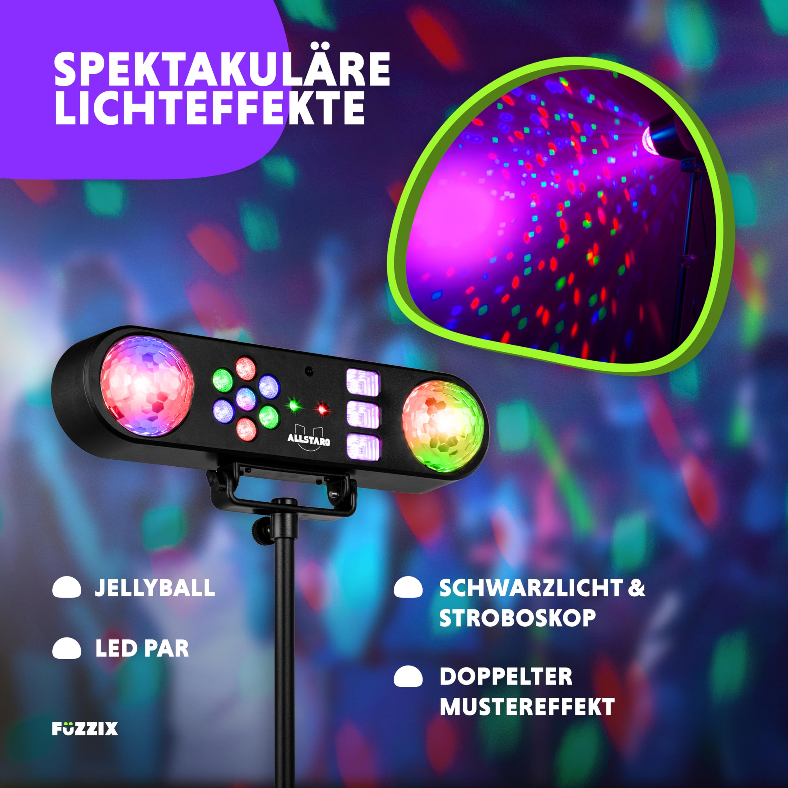 Fuzzix AllStar3 LED Disco Licht, Discolicht mit 2x Disko Kugel, UV Stroboskop, Washer, rot/grünes Patern, musikgesteuerte Partybeleuchtung für DJs mit Stativ & Fernbedienung