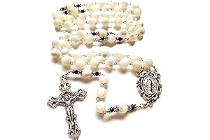 HANDMADE 8MM MOTHER OF PEARL & LAPIS LAZULI BEADS 5 DECADE ROSARY CROSS NECKLACE BOX