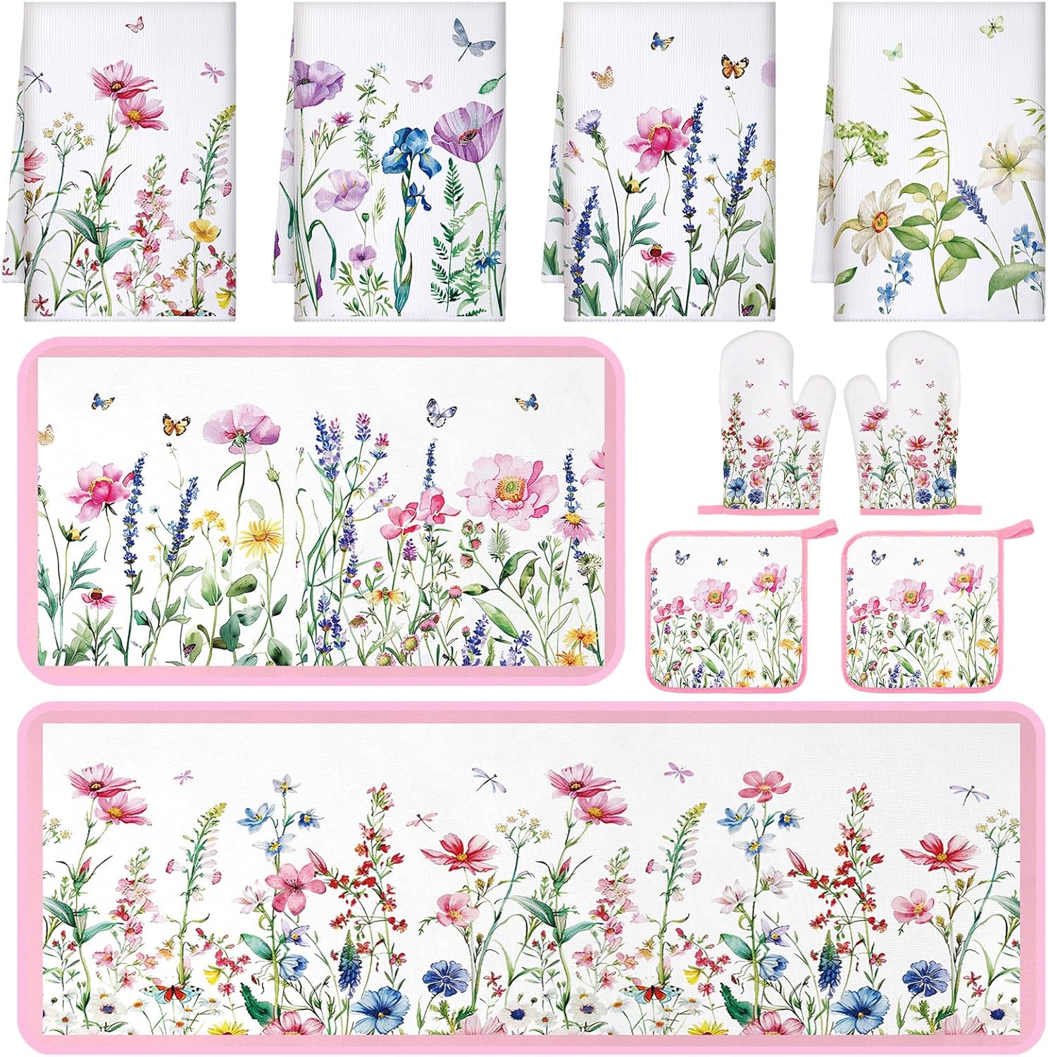 Fourluoo 10 Pcs Wildflower Kitchen Dish Towels Rugs Oven Mitts and Pot Holders Set Farmhouse Kitchen Decor Set for Women Mom Daughter Gift Cooking Baking Grilling (Pastel Pink White)