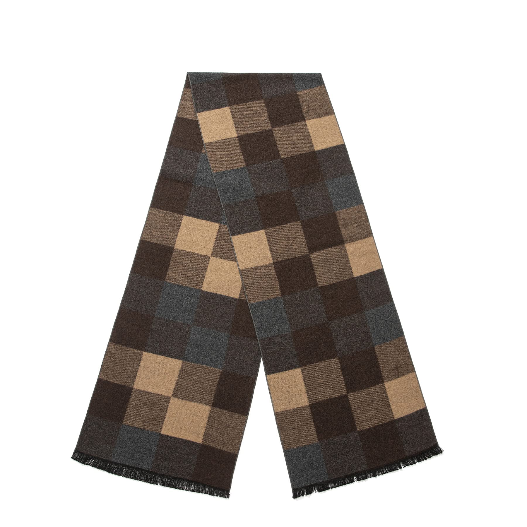 Lindoro Men's Cozy Tartan Check Merino Wool Scarf, Long Warm Lightweight Winter Classic Scarves w/Gift Box (Camel Multi Checked)