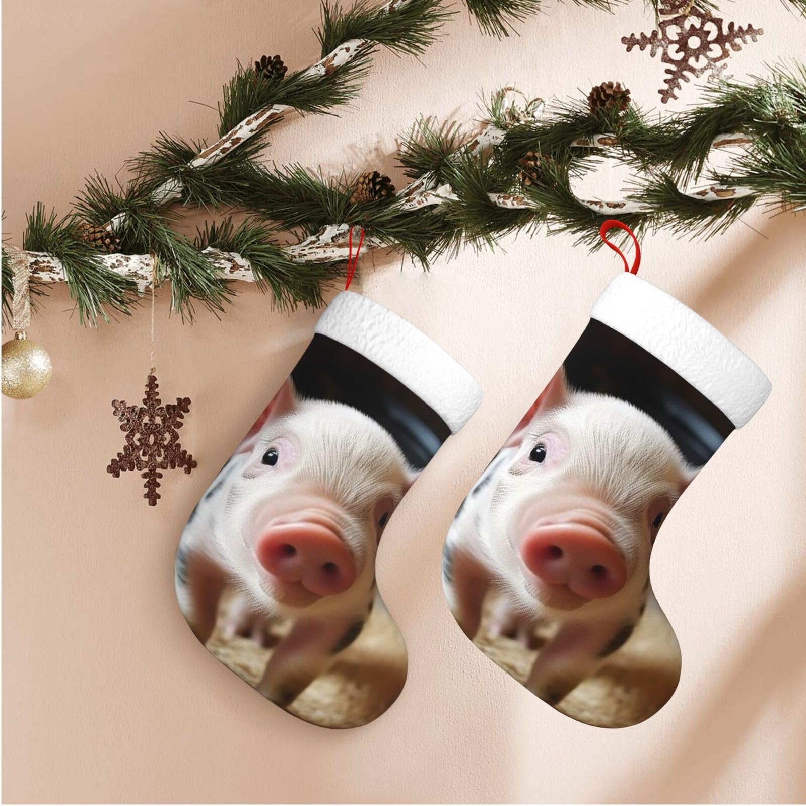 17.7" Christmas Stocking 1 Piece, Smiling Xmas Stockings with White Plush Cuff Fireplace Hanging Stocking for Christmas Holiday Party Decoration