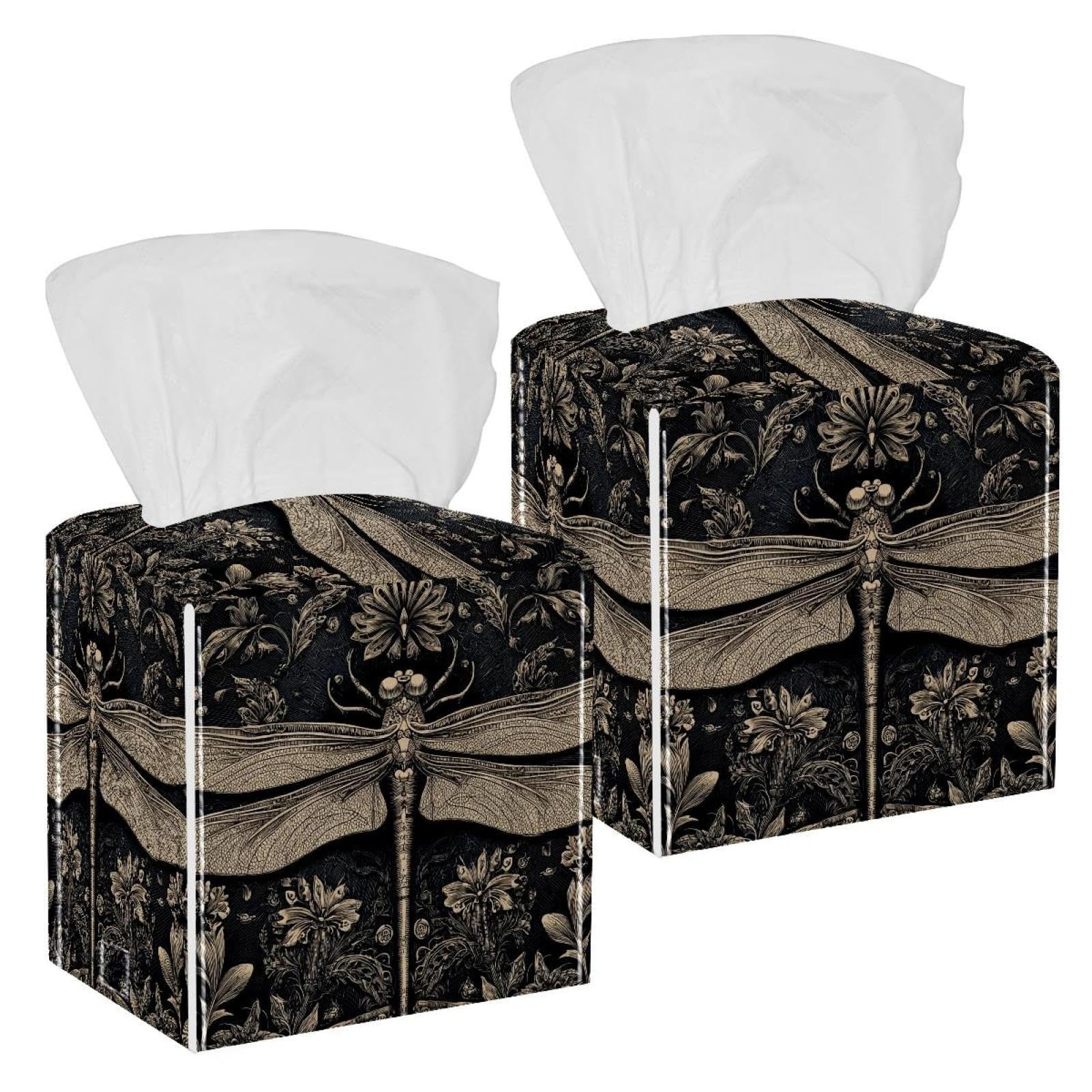 Dragonfly Tissue Box Cover, 2 Pack PU Leather Square Facial Tissue Dispenser Box holder for Home Office Car