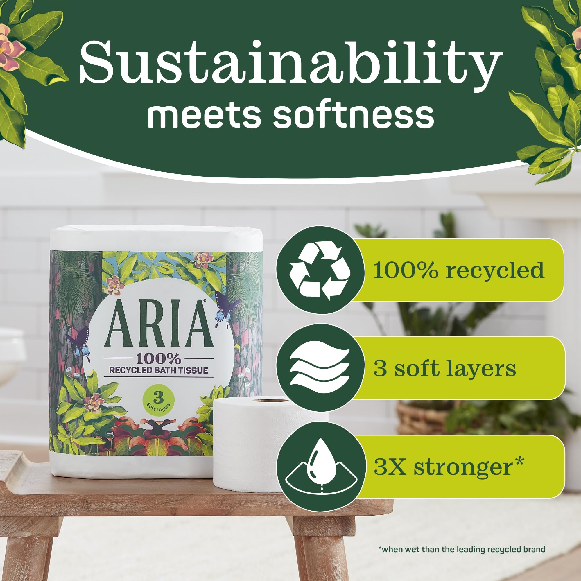 Aria Carta igienica 100% riciclata, 1 confezione da 6 rotoli, 3 strati morbidi di carta da bagno con imballaggio in carta riciclabile