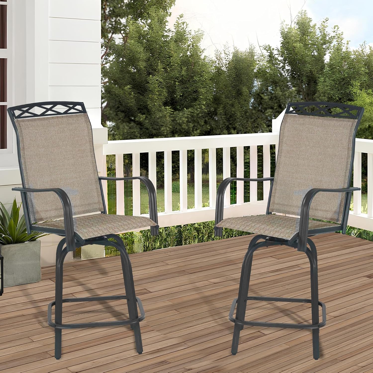 YLGJ&TIDY Outdoor Swivel Bar Stools Set of 2 Bar Height High Back Patio Chairs with All-Weather Metal Textile Fabric Tall Patio Stools Bistro Set for Backyard Lawn Garden Balcony Gen 3 Brown