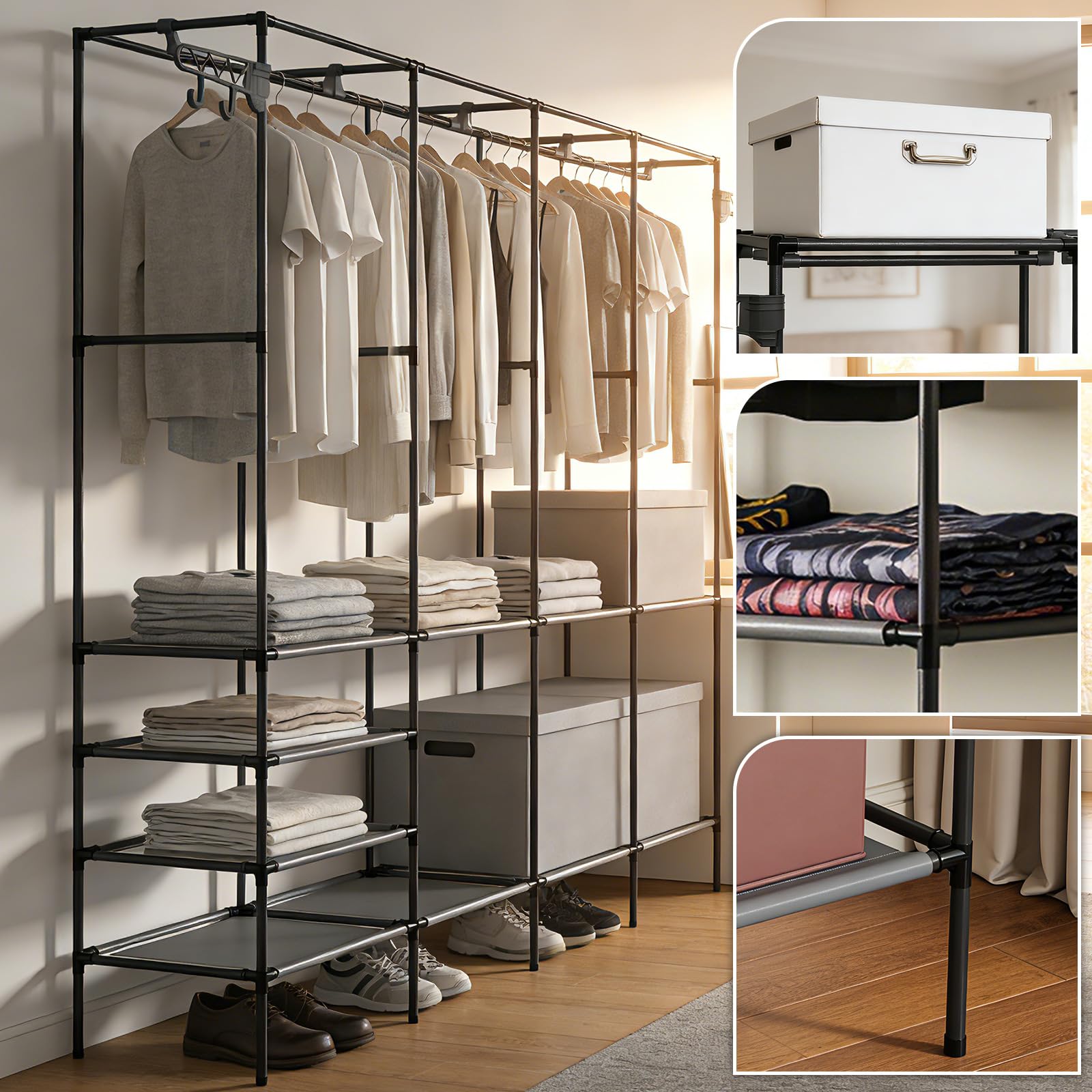 Soontrans Penderie Vetement Grande Capacité, Penderie avec 10 Étagères et 2 Crochets, Armoire Ouverte à la Fois Démontable et Robuste, pour Chambre, Salon et Dressing, 215×36×171 CM, Noir