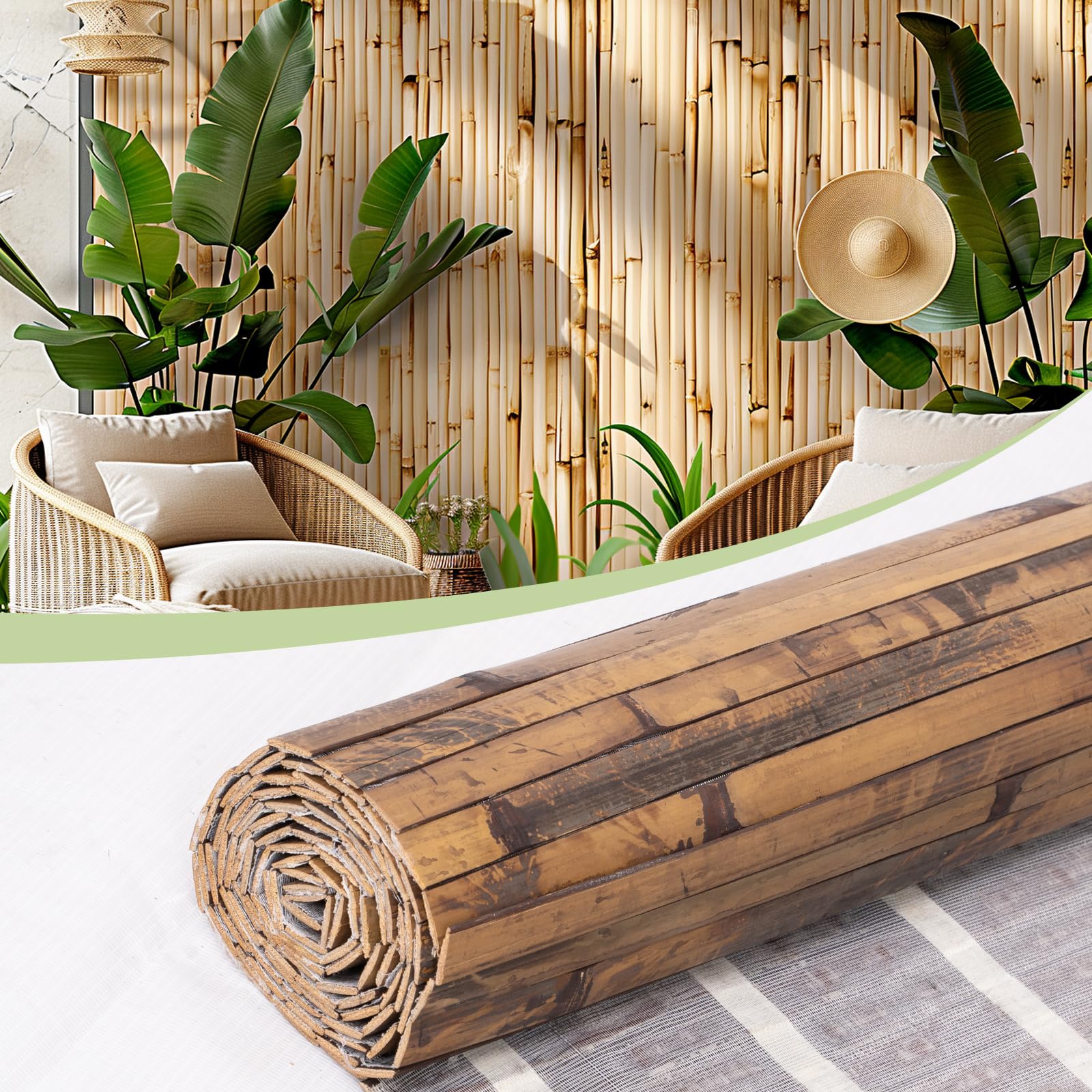 Bamboo Wall Panels for Interior Wall Decor(12"H x 96"L)Natural Wainscoting Panels Wall Paneling for Living Room Decor, Tiki Bar,Kitchen,Ceiling Tiles, Pole Wrap Wood Roll,Wall Decor for Bedroom