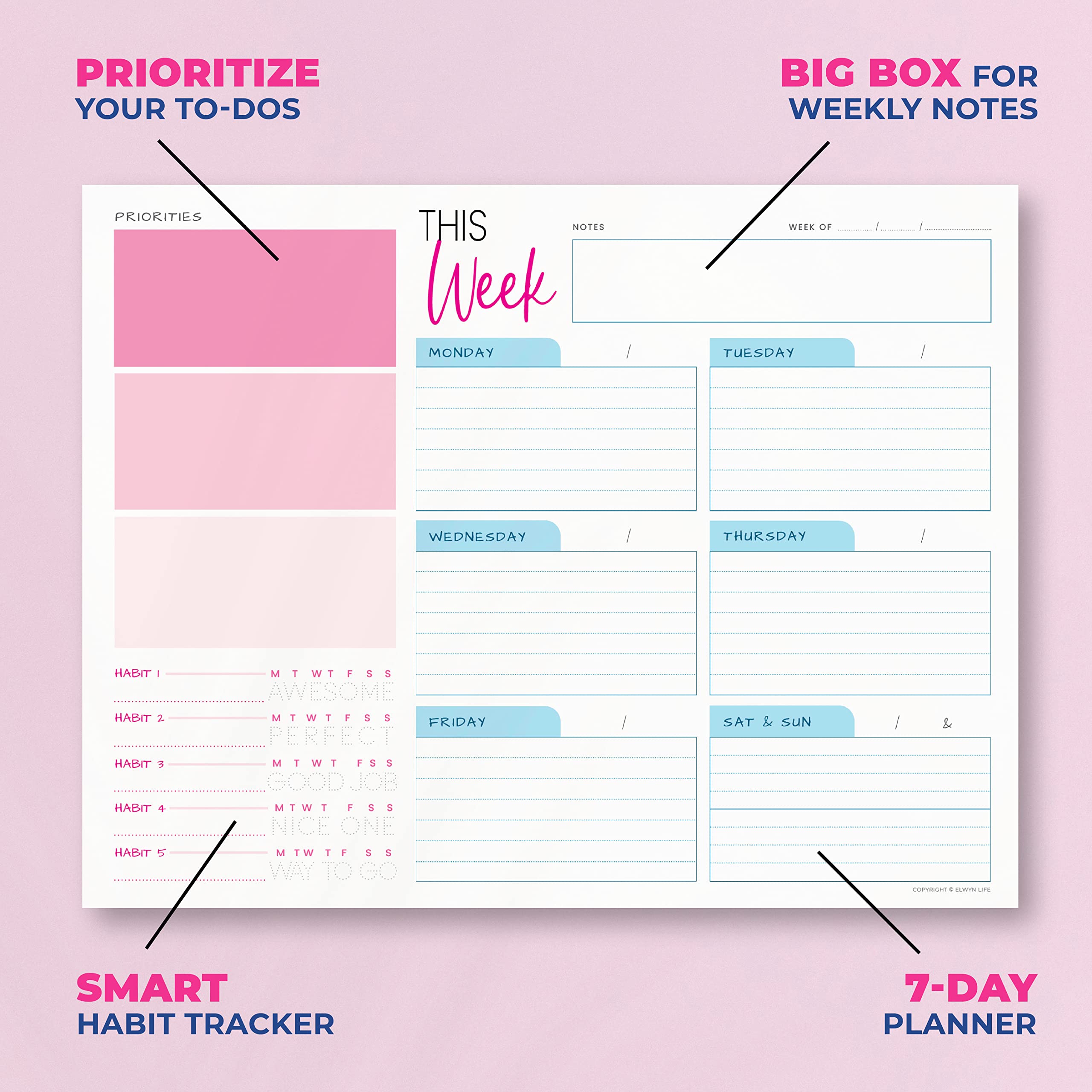 Bloc-Notes Semainier 52 Pages Non Daté - Planner Hebdo, To-Do List, Suivi Habitudes (21.6x28cm)