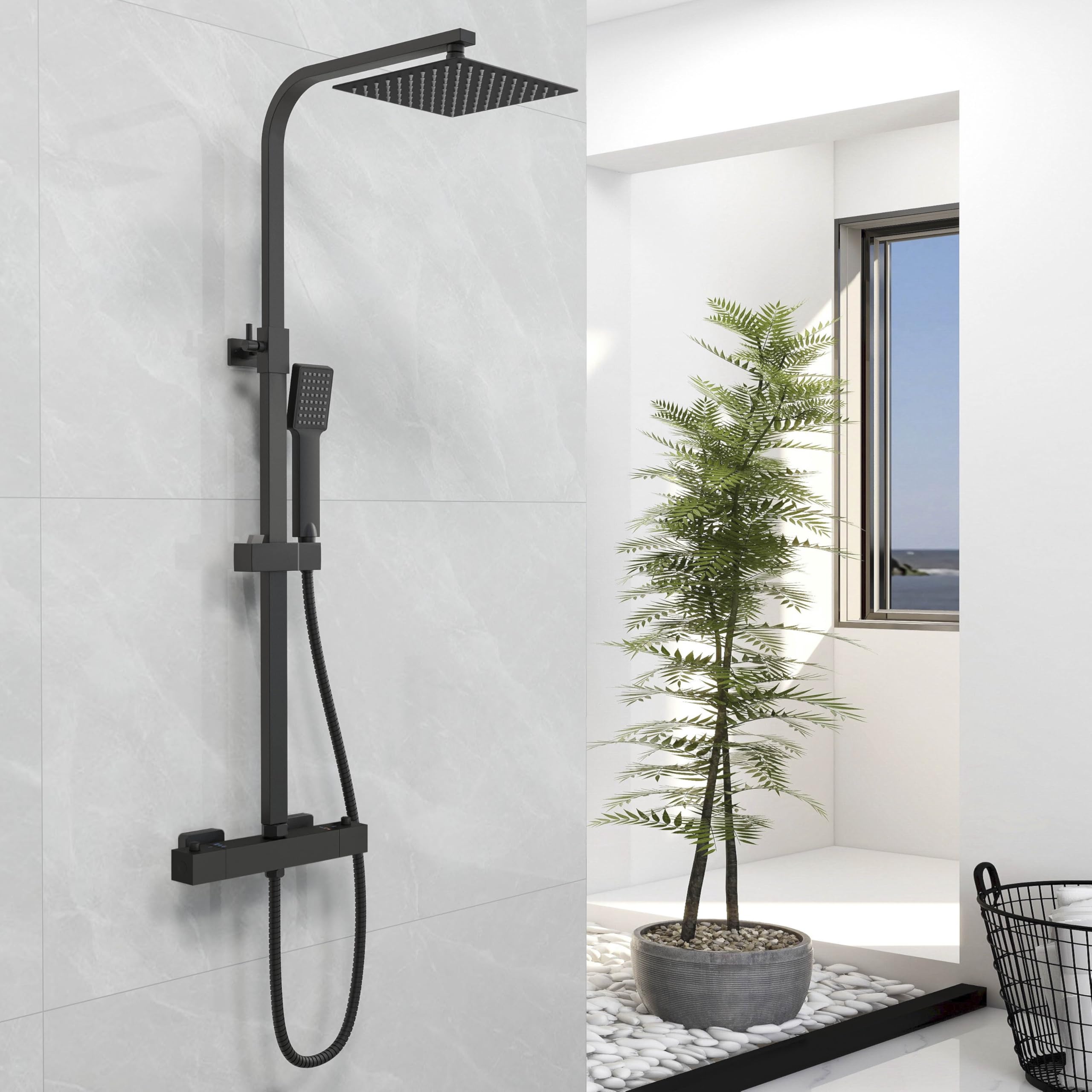 Biubiubath Thermostatic Shower Mixer Set, Anti-Scald Exposed Mixer Shower Valve,Height Adjustable Riser Rail Kit, Square Handheld & 8 inches (200mm) Overhead Rainfall Shower,Matt Black