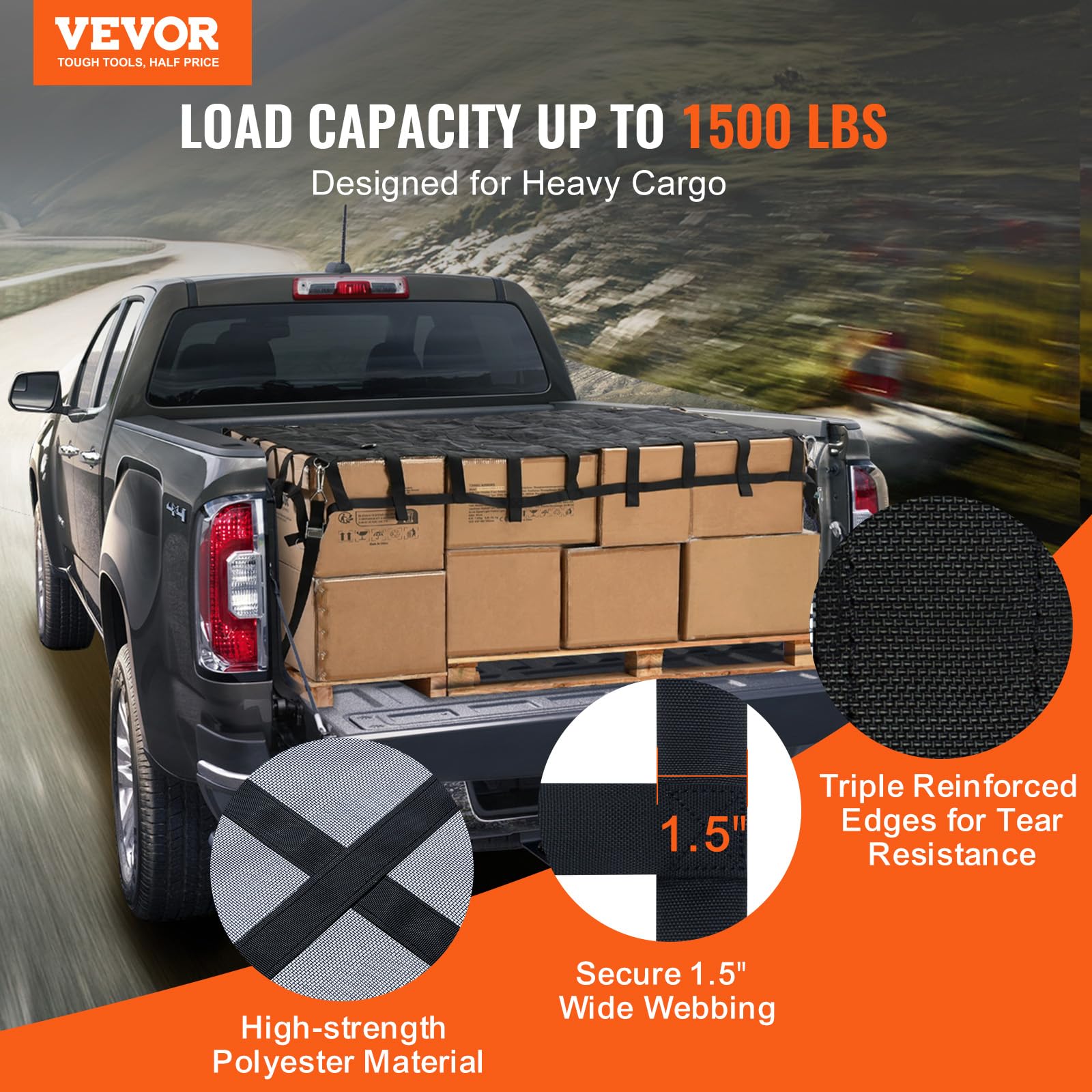 VEVOR Rete di Carico, 1830 x 1450 mm Rete di Carico per Camion ad Alta Resistenza per Cassone di Camion, 4 Cinghie Regolabili, Moschettoni e Ganci a S, Resistente all'Usura e alle Intemperie, per Jeep