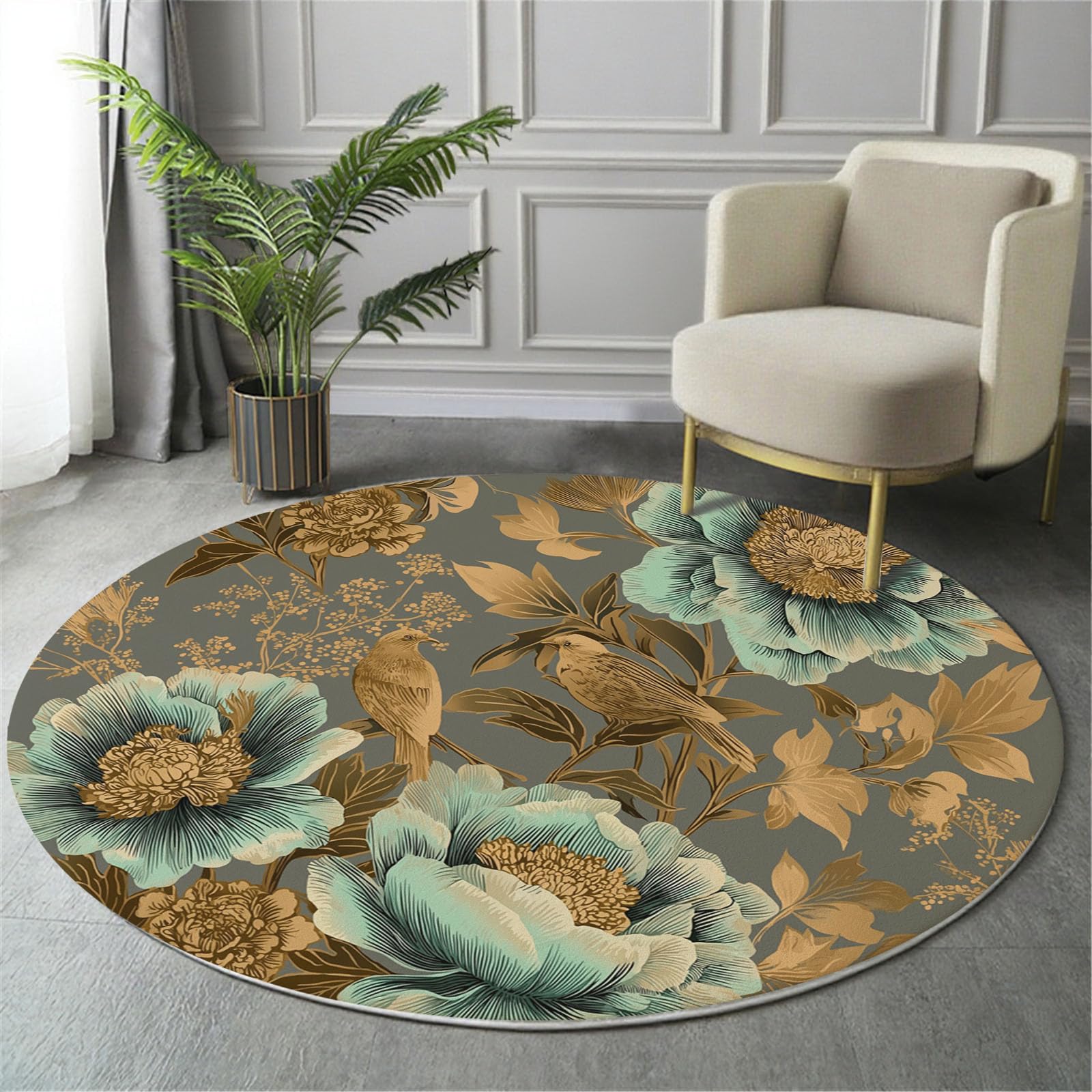 Tapis rond feuille d'or oiseaux en vol lavable en machine pour éliminer les taches du salon