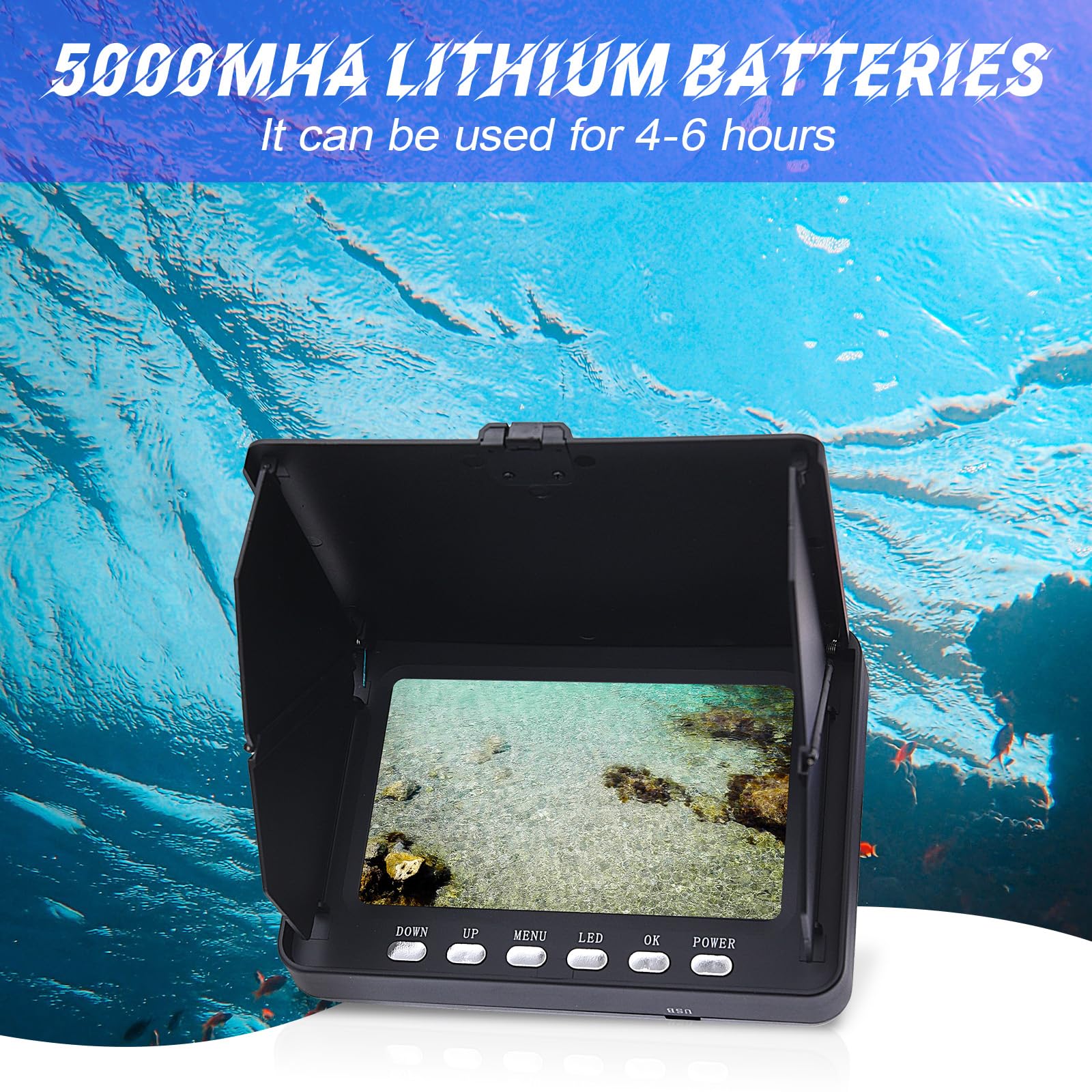 KAOLALI Unterwasser Fish Finder Kamera 5" HD IPS 1080P Display Fischfinder IR LED Nachtsicht Kamera mit 5000 mAh Akku für EIS, Fluss und Boot(20m/65,6ft)