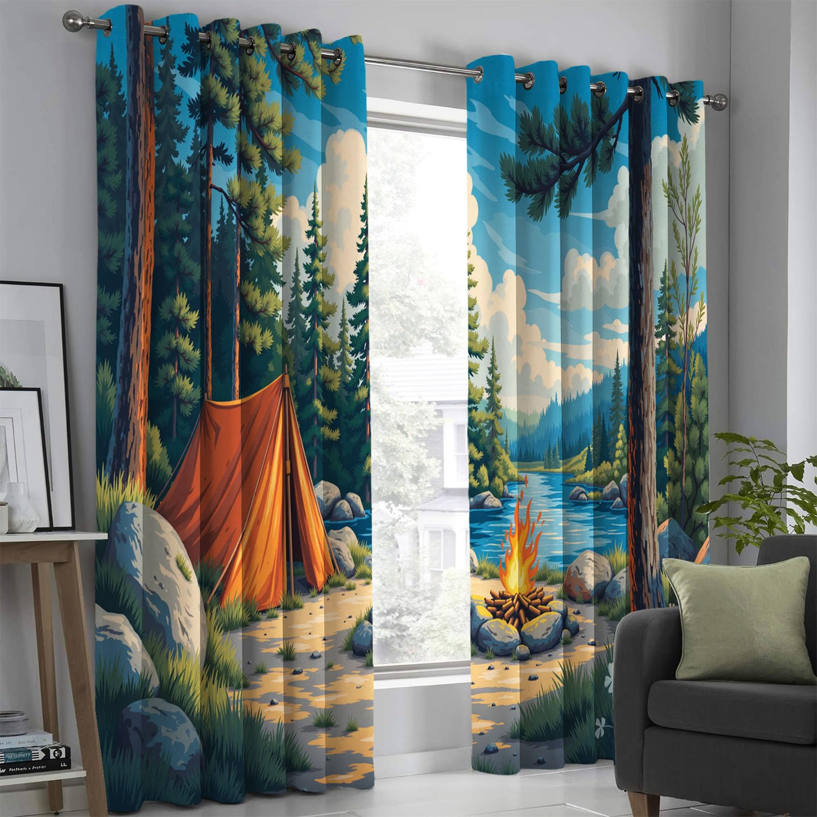 Rideaux occultants chambre imprimé bleu 140x175 draperies salon à oeillets