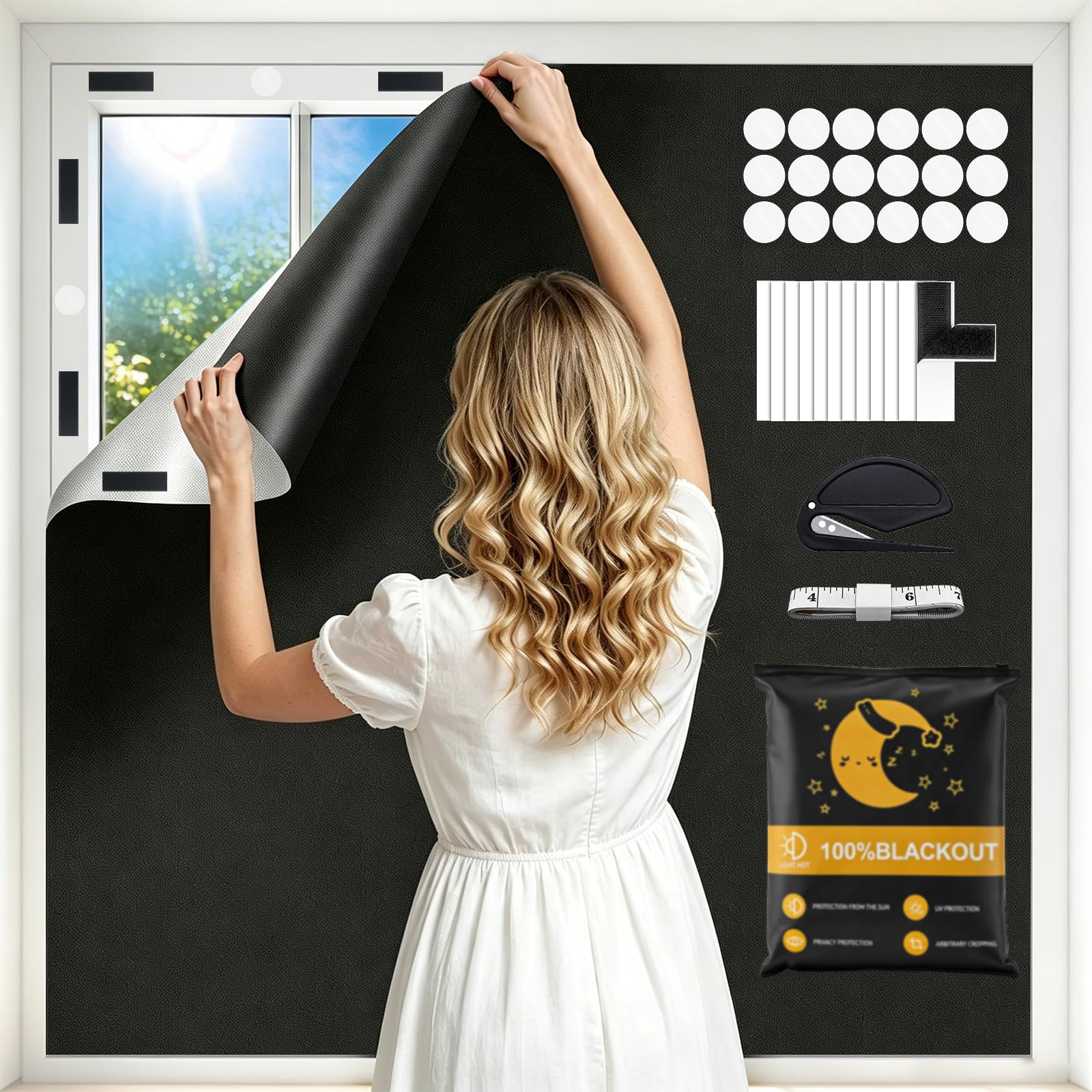 Dalimee Blackout Blind No Drill for Windows, 300x145CM Portable Blackout Roller Blind Stick On, Cut to Size, Complete Light Blockage and Easy Fit, Fit for Bedroom, Attic, Baby Room, Hotel, etc.