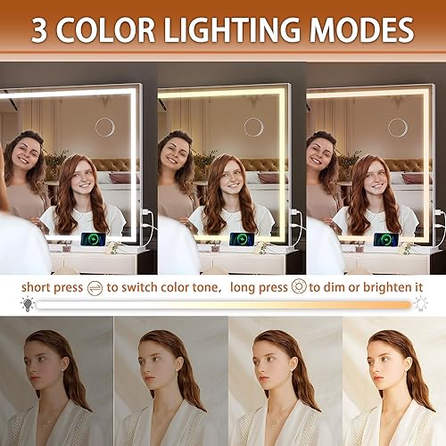 Miniatura 3 de Hasipu Vanity Mirror with Lights, 40" x 30" LED Makeup Mirror, Lighted Makeup Mirror with Dimmable 3 Modes, Touch Screen Control Vanity Mirror