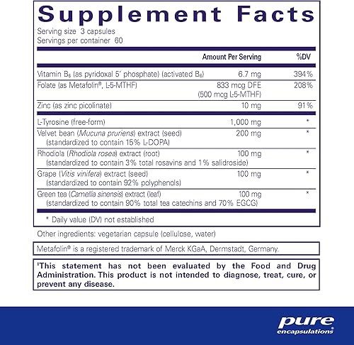 Miniatura 2 de Pure Encapsulations DopaPlus - Apoya la producción de dopamina - para la función diaria del cerebro* - con folato, vitamina B6 y L-5-MTHF - Sin OMG