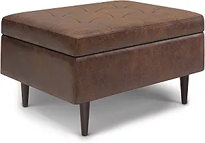 SIMPLIHOME Shay Wide Mid Century Modern Small Rectangle Coffee Table Storage Ottoman Vegan Faux Leather, Assembled, for The Living Room, 34 inch, Distressed Chestnut Brown
