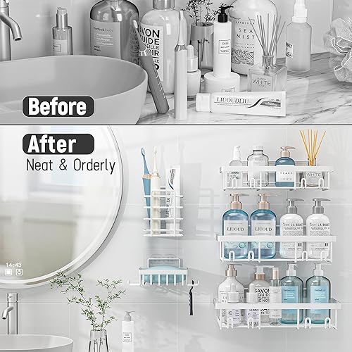 Miniatura 6 de Paquete de 5 organizadores de ducha para ducha interior, cesta de almacenamiento de pared autoadhesiva de acero inoxidable para champú, accesorios