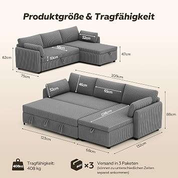 HOMRELEXA Corner Sofa with Sleep Function Cord Sofa Bed in L Shape Sofa
