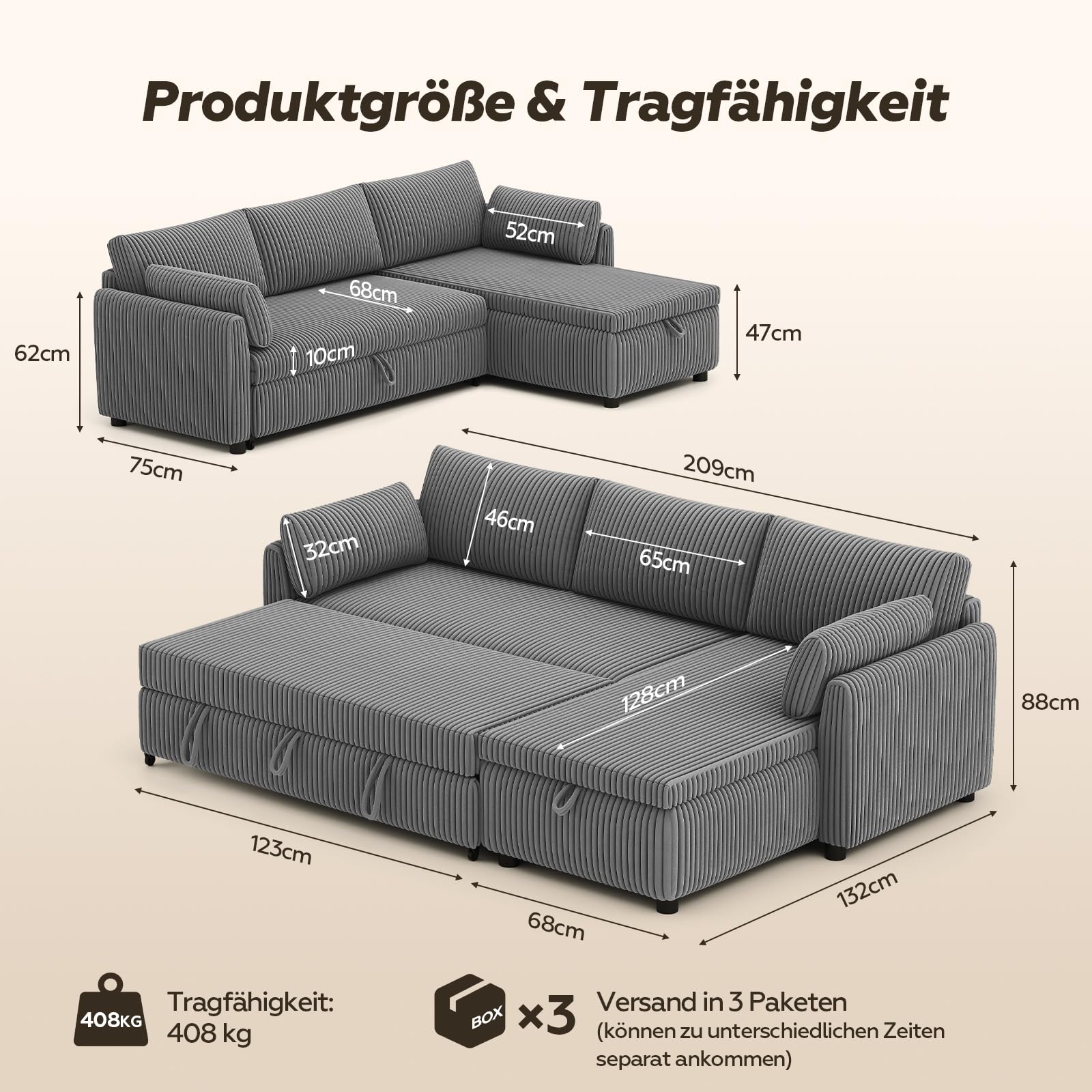HOMRELEXA Ecksofa mit Schlaffunktion, Cord-Bezug Schlafcouch in L-Form, Schlafsofa Ausziehbar, Ausziehbares Sofa mit Stauraum, Umkehrbare Chaiselongue (Links oder rechts), Grau