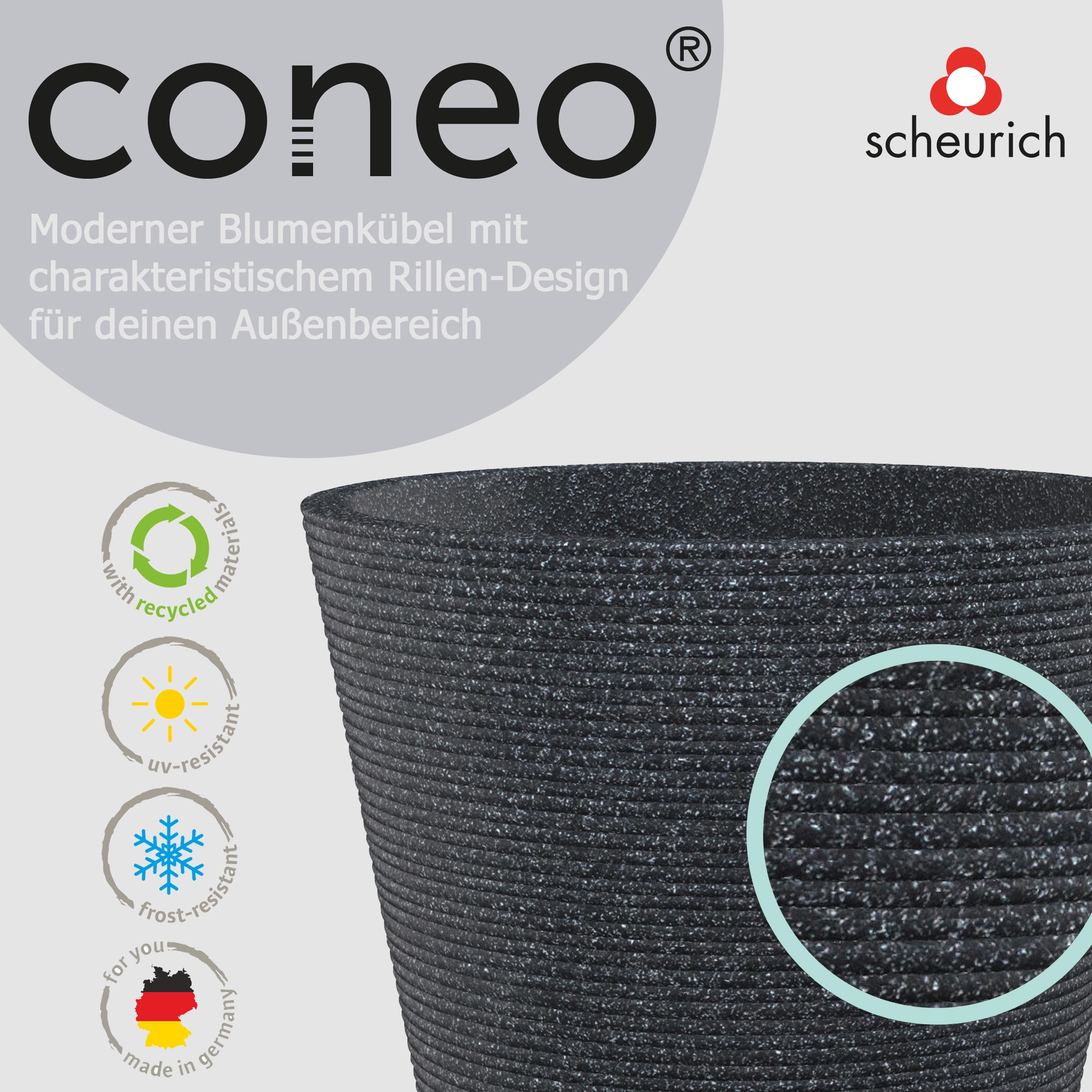 Scheurich Coneo, fioriera in plastica, granito nero, diametro 49 cm, altezza 39,4 cm, 46 l vol.