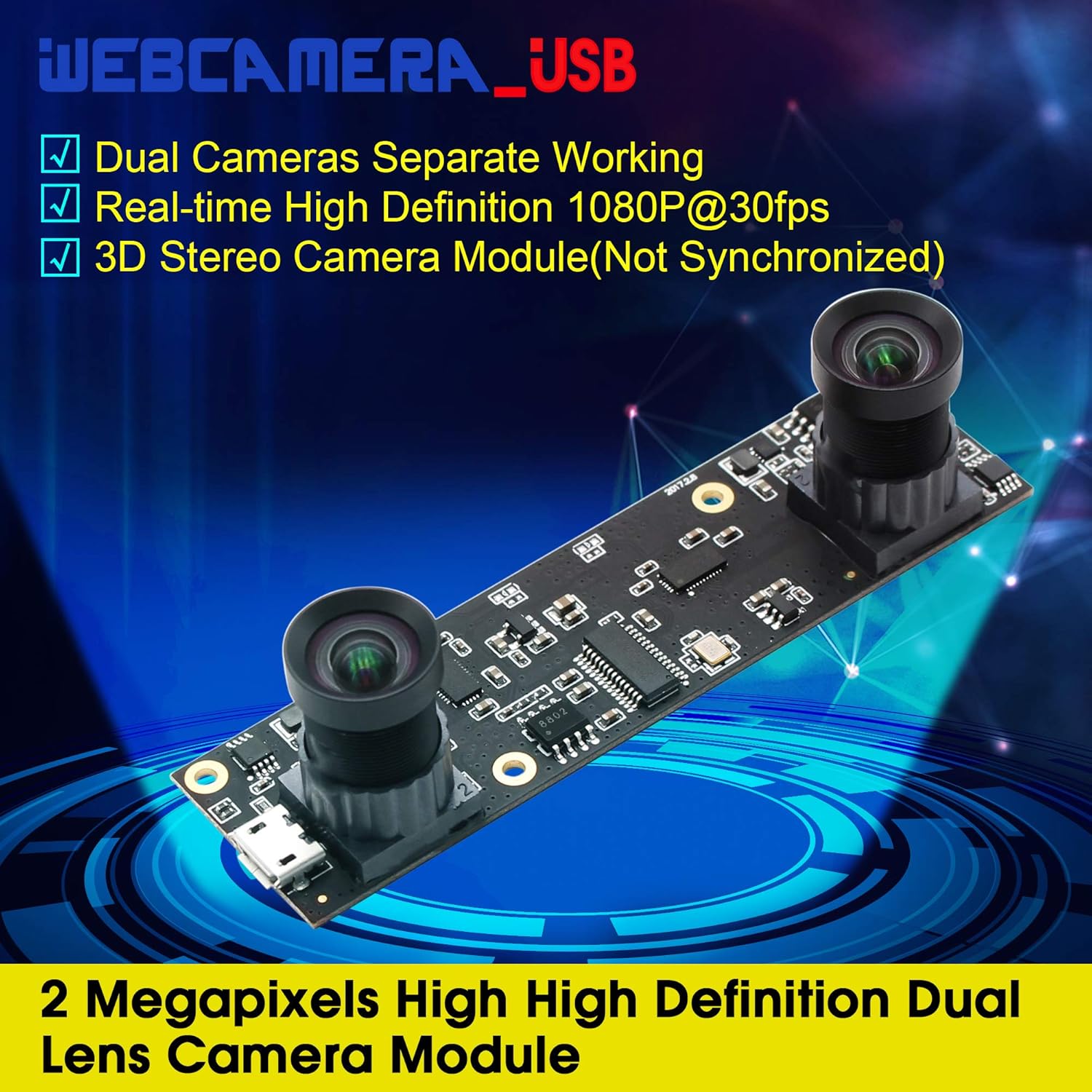 Webcamera_USB 1080P Dual Lens USB Camera Module for Computer Wide Angle Dual Vision Lightburn Camera Mini UVC USB2.0 Webcam Board 3D Stereo Binocular PC Camera for Raspberry pi