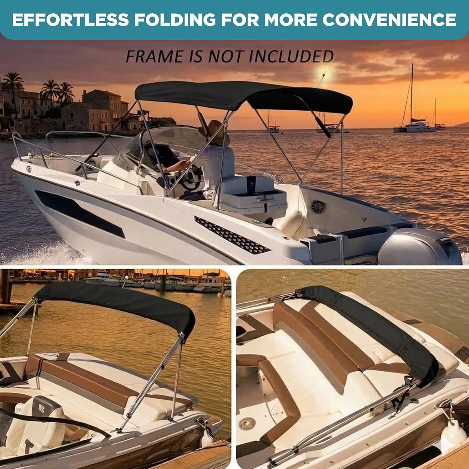 4 Bow Bimini Top Replacement Canvas,1200D Waterproof Polyester Bimini Top Cover with Storage Boot and Light Hole,Sun Shade Boat Canopy Without Frame,Easy Install Zipper Sleeves,8'L 85"-90" W,Black