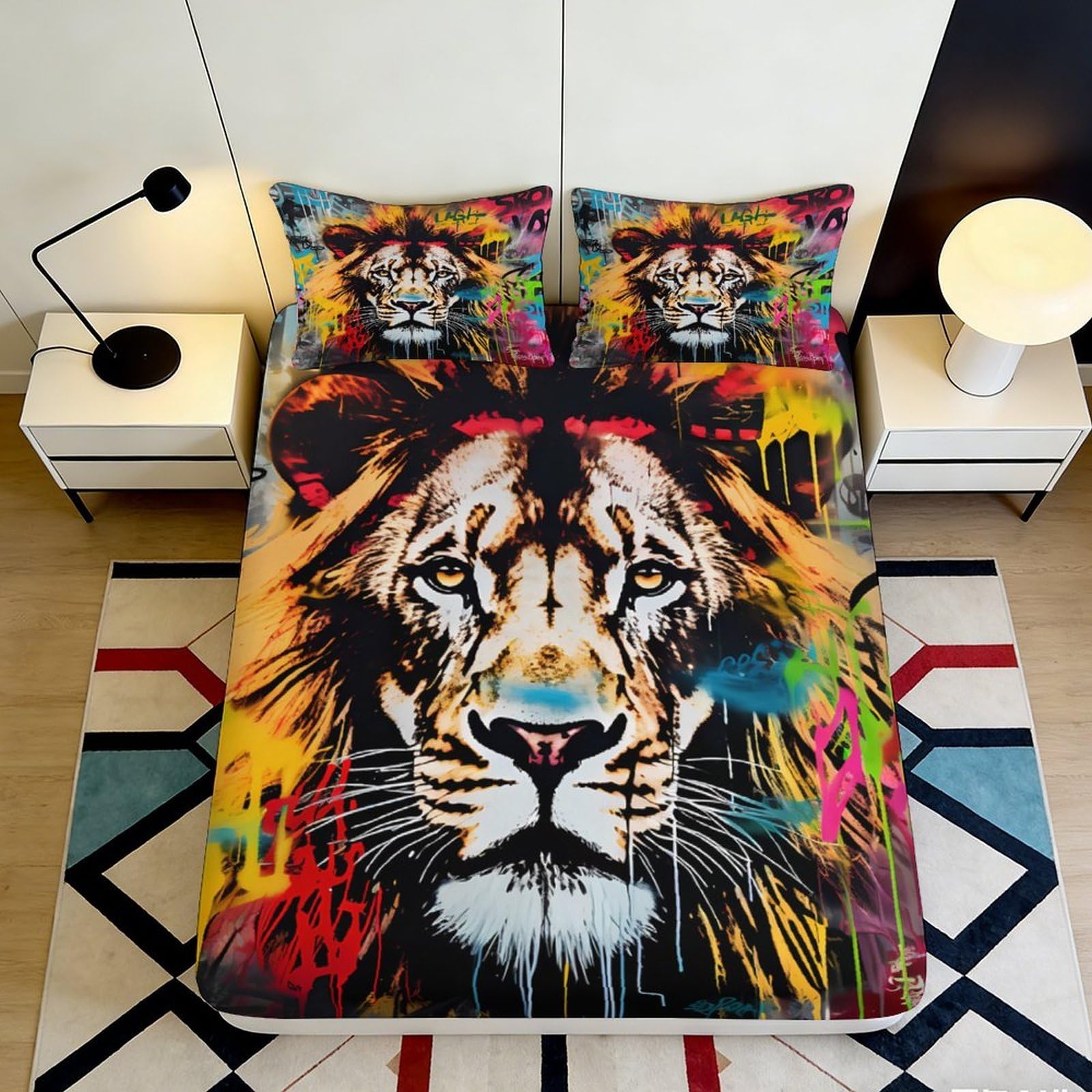3D Printed Colorful Lion Fitted Sheet Microfiber Soft Vibrant Animal Bed Cover for Bedroom Dorm Mattress Decor 90x200x25cm