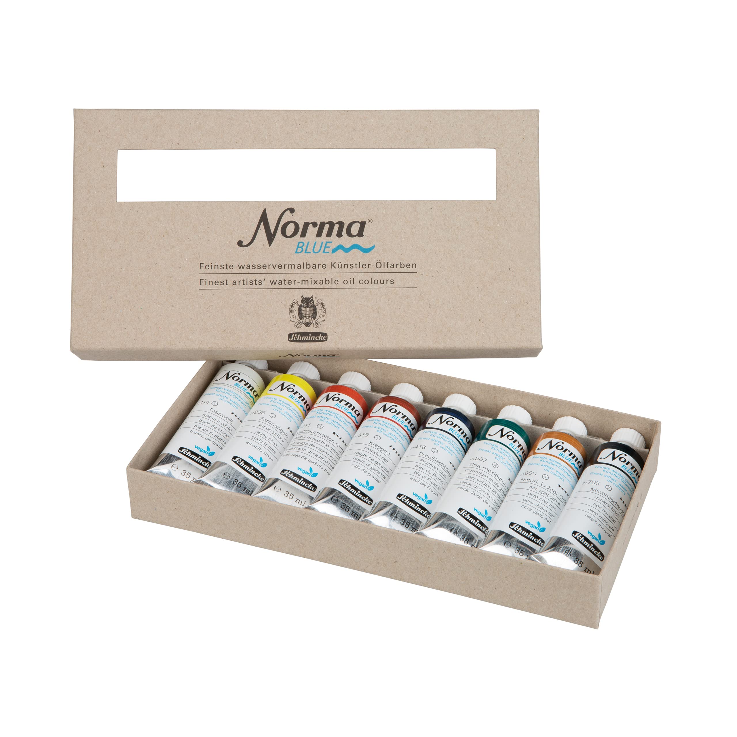 Schmincke - NORMA® Blue, 71200097, cardboard set, 8 x 35 ml, highly pigmented, lightfast, finest water-paintable artists' oil colors, vegan