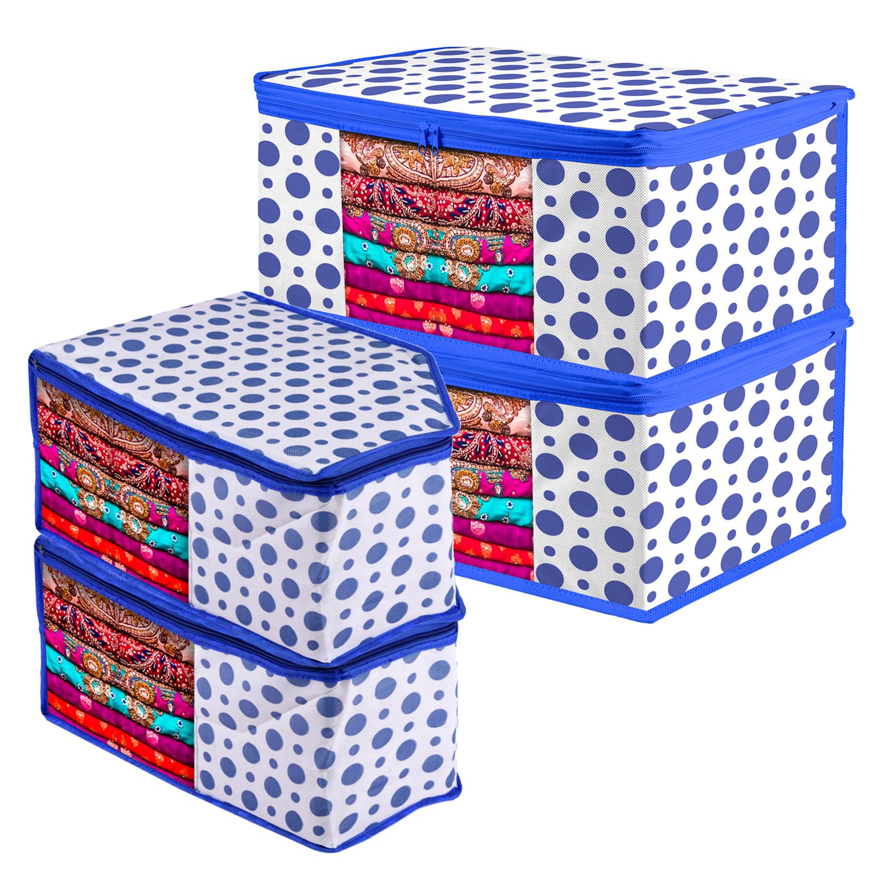 Kuber Industries Saree Cover & Blouse Cover Set | Zipper Closure Saree & Blouse Organizer Combo Set | 2 Pieces Blouse & 2 Pieces Saree Cover Set | Dot-Design | Set of 4 | Blue
