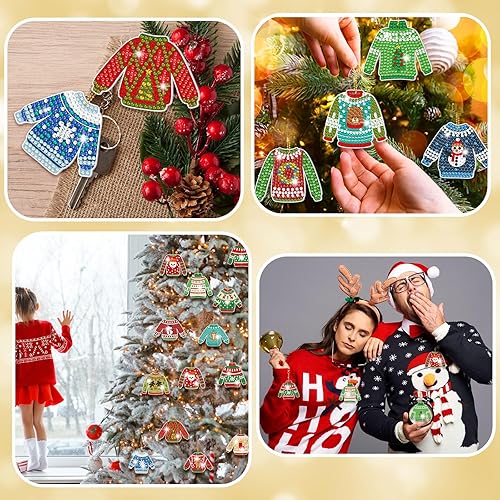 Miniatura 5 de 15 piezas de suéter feo de Navidad con pintura de diamantes, llavero 5D, llaveros de arte de diamantes, kits de pintura de diamantes de Navidad para