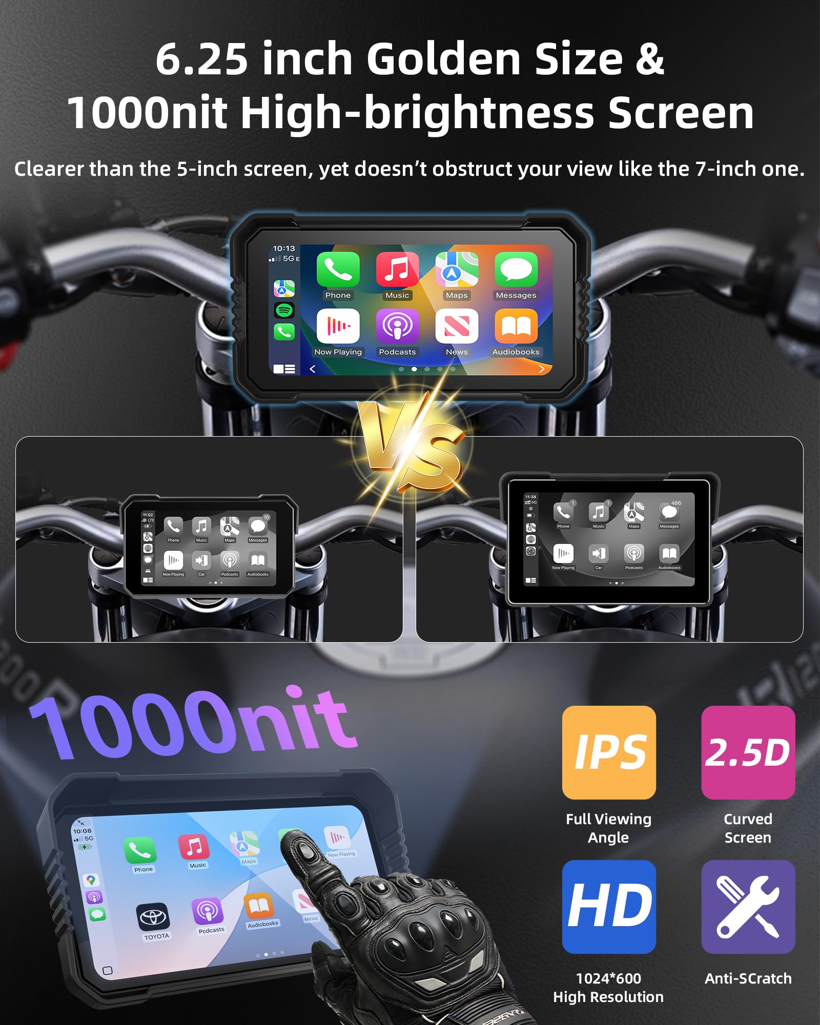 Jansite 6,25 pollici Carplay Moto con TPMS, Schermo Moto Compatibile CarPlay & Android Auto Impermeabile IP67 Navigatore GPS con Bluetooth Assistente vocale