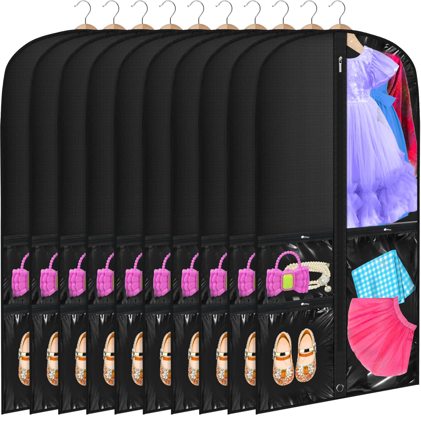Windyun 10 Pack Garment Bags for Dance Costumes Kids 40 Inch Clothing Bags Hanging Clothes with 3 Clear