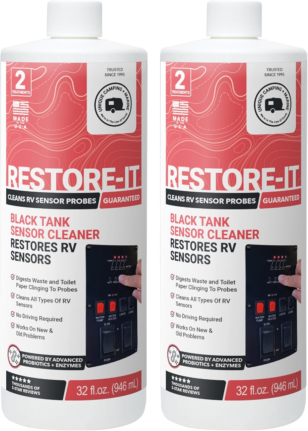 Unique Restore-It RV Sensor Cleaner Liquid – Cleans Dirty Sensor Probes for Misreading RV Black Tank Sensors – 2 Treatments Per Bottle, 32 oz (2-Pack)