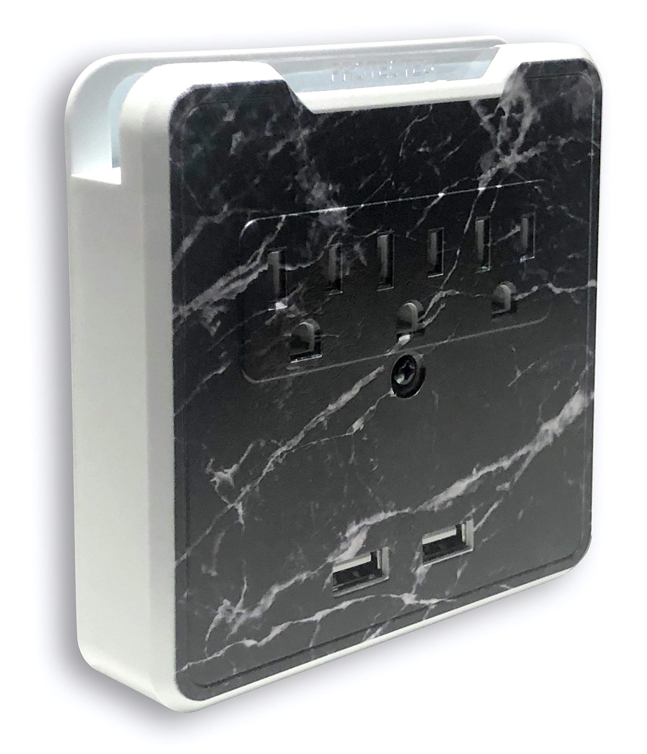 Glamsockets Decorative Wall Mount Surge Protector with 3 Outlets, Dual USB Charging Ports and Phone Holder - USB Charging Center/Multi Function Wall Tap (Black Marble)