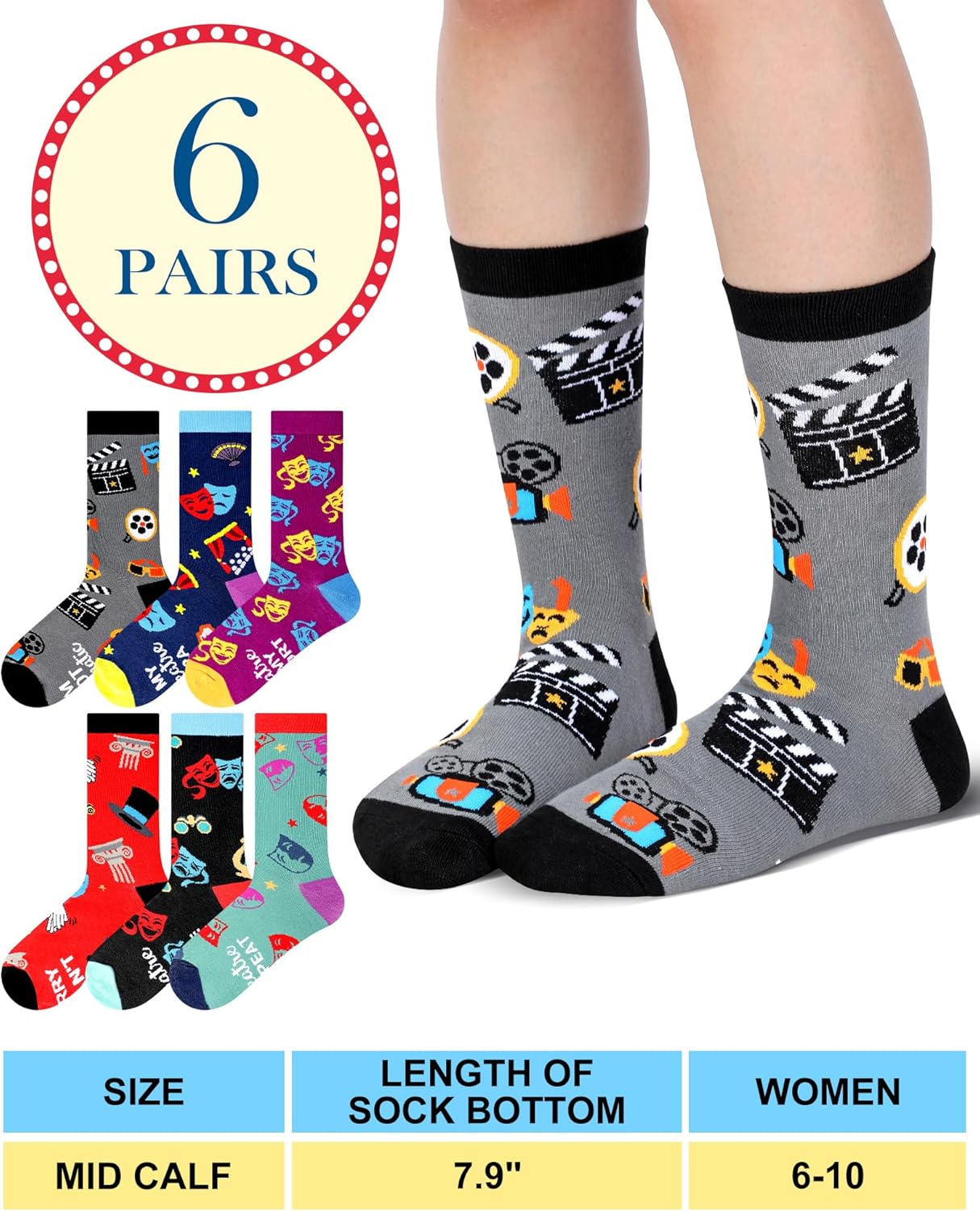 6 Pairs Funny Theatre Socks for Women Musical Theater Gift Cotton Crew Socks Novelty Valentine's Day Gifts for Theatre Lovers - Image 4