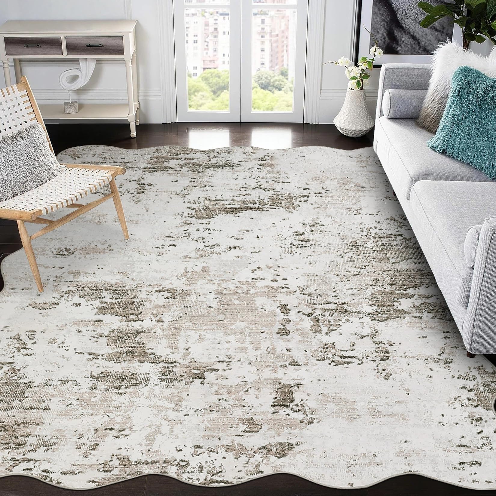 FairyStyle Abstract Area Rug 120x170cm Scalloped Washable Carpet Oatmeal