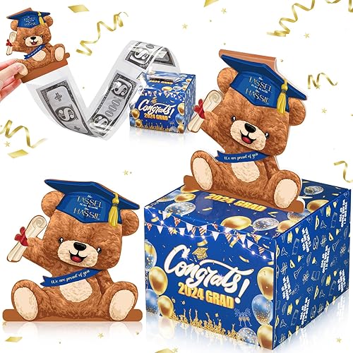 Chivertion Caja de dinero de graduación 2024 para regalo en efectivo, caja de regalo de oso sorpresa con tarjeta extraíble y 30 bolsas