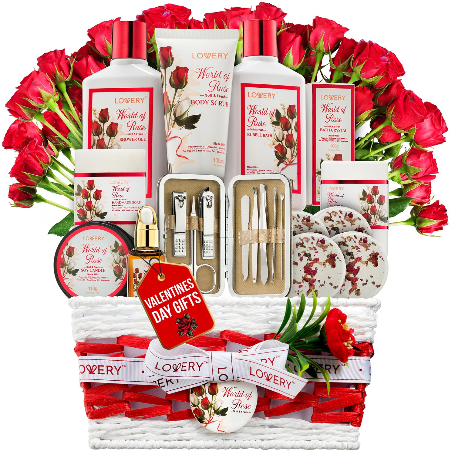 Valentines Day Gifts for Her, Red Rose Spa Gifts for Women, Bath and Body Gift Set, 35 Piece Stress Relief Spa Kit Gift Basket, Birthday, Mom, Nail Care Kit - Body Scrub, Bubble Bath, Bath Bomb & More