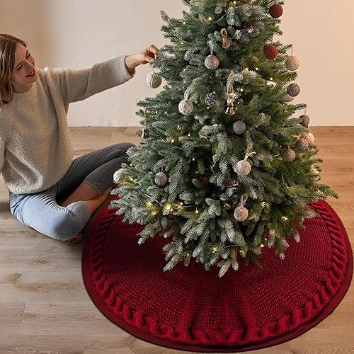 Miniatura 8 de yuboo - Falda de árbol de Navidad de 48 pulgadas, rojo burdeos, falda de árbol de Acción de Gracias y Navidad de punto, falda rústica para árbol de