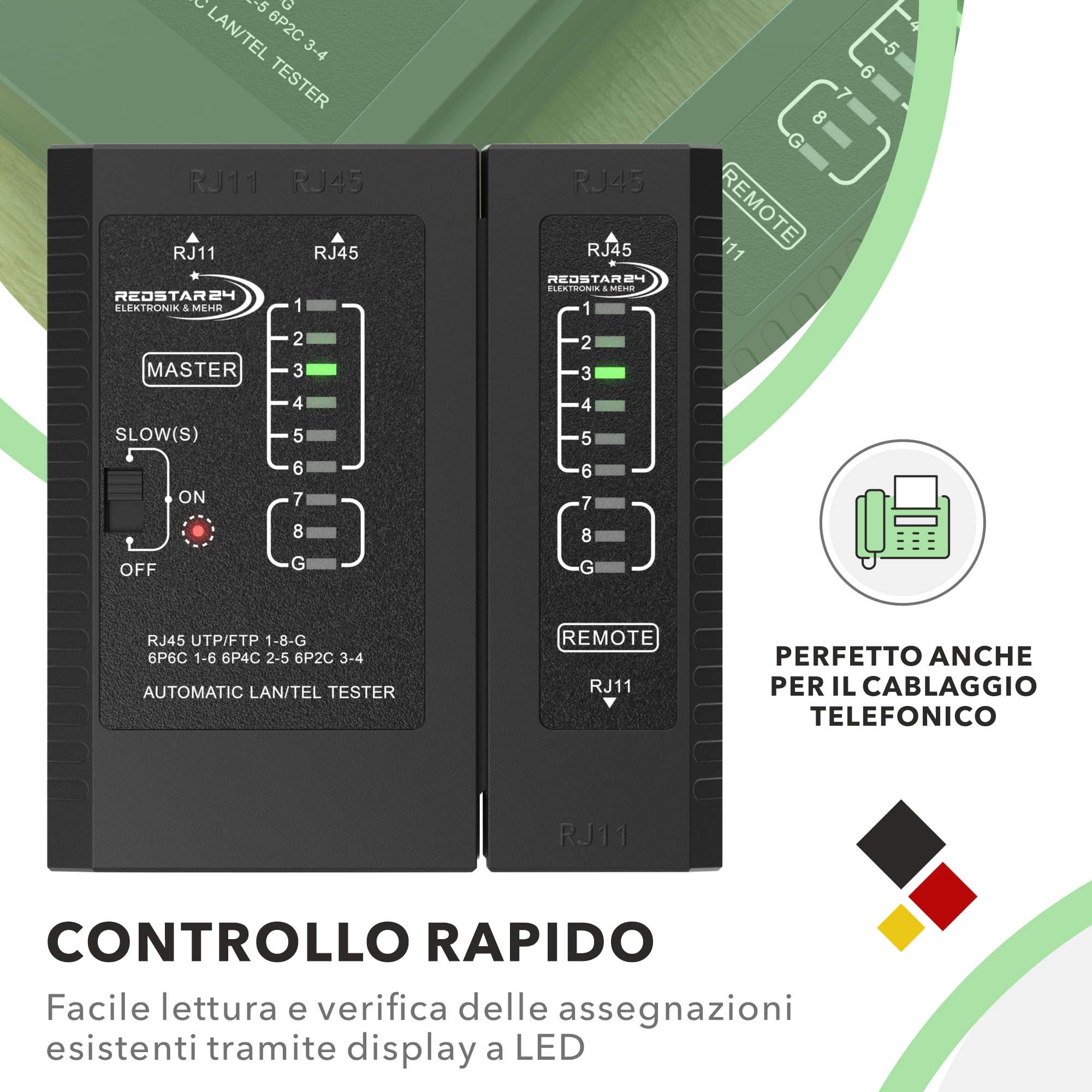 RedStar24 Tester di Rete - Tester Cavi LAN con RJ11, RJ12, RJ45 per Patch - LED di Prova per Test Precisi e Verifica di LAN e Cavo di Rete - Ideale per Test Cavi Patch e Linee