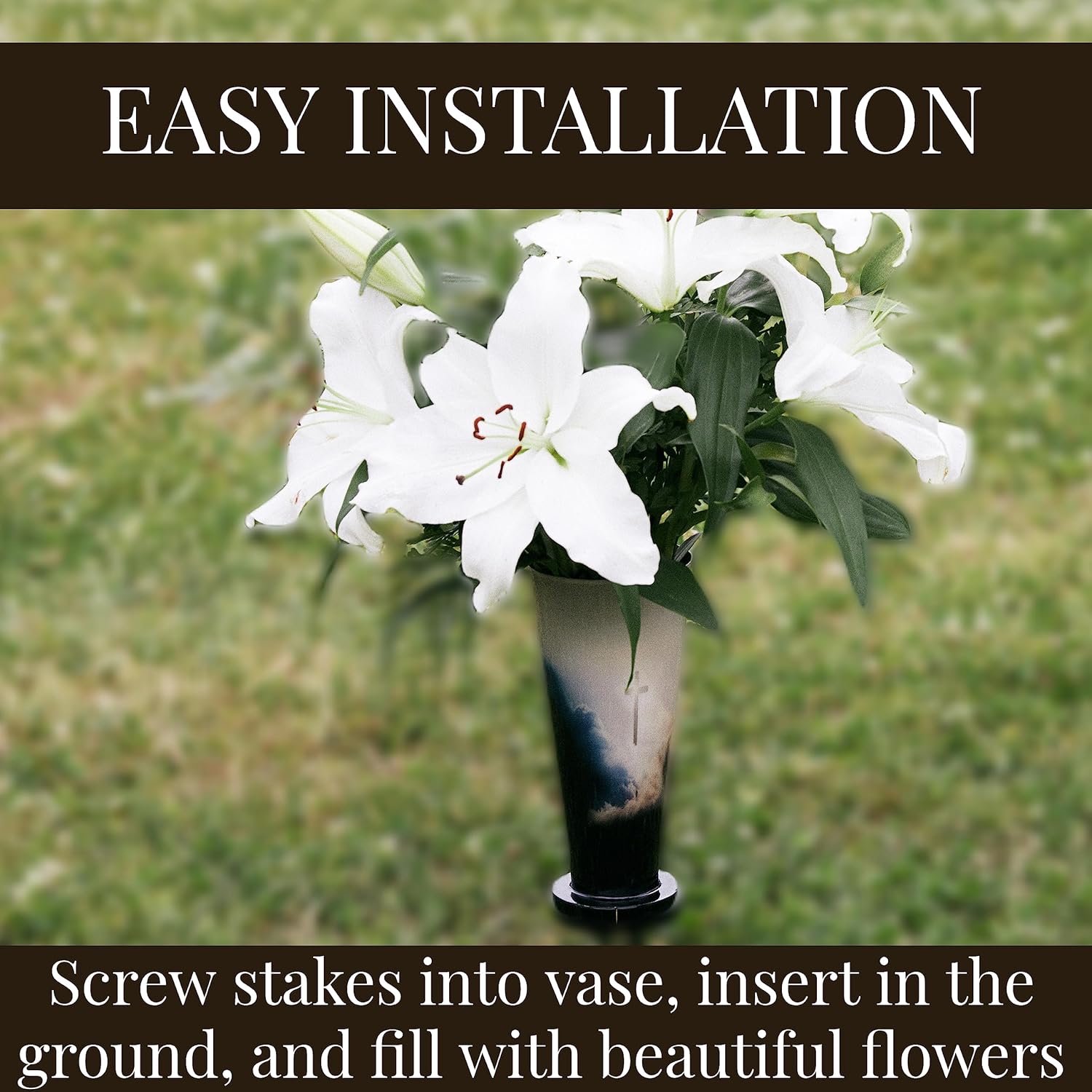 Metal Cemetery Flower Vase with Two Stakes – Heavy Duty Construction for Graves Garden Lawn Yard or Home – Memorial Decoration – 8.5” Vase – Cross in Sky Design